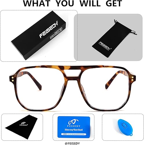 Miniatura 7 de FEISEDY Lentes de bloqueo de luz azul falsos nerd transparentes cuadrados para computadora, ligeros, marco de gafas de piloto de gran tamaño B2866