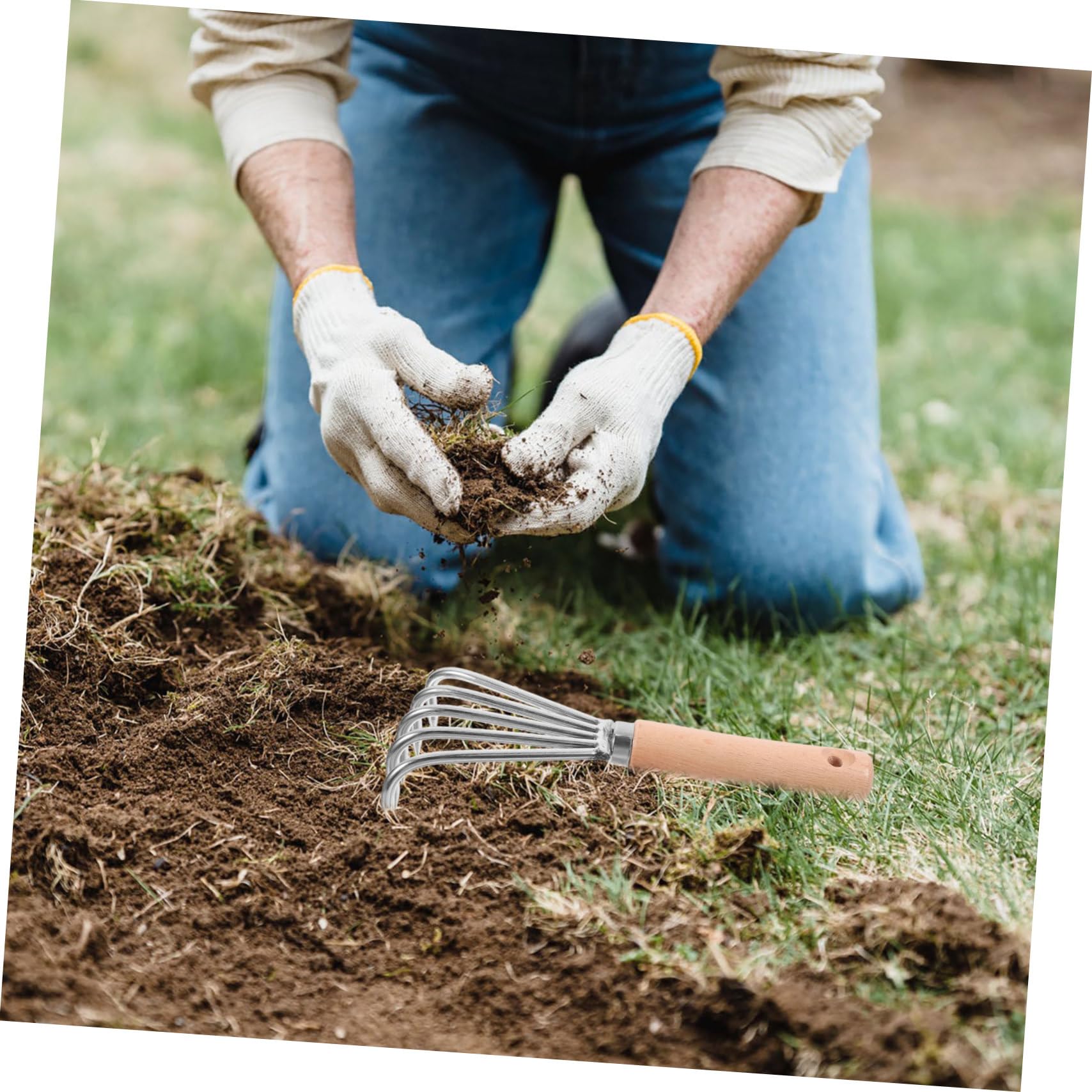 3 Stück Kleiner Handrechen mit Ergonomischem Holzgriff Gartenrechen zum Lockern von Erde Unkrautentfernung und Pflanzen Kompakt für Garten und Strandgebrauch