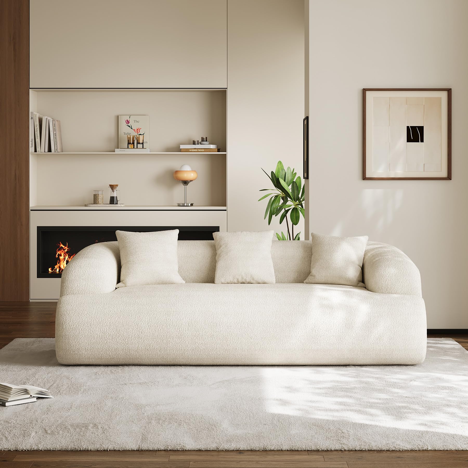 Wrofly 91 inch Beige White 3 Seater Boneless Curved Sofa