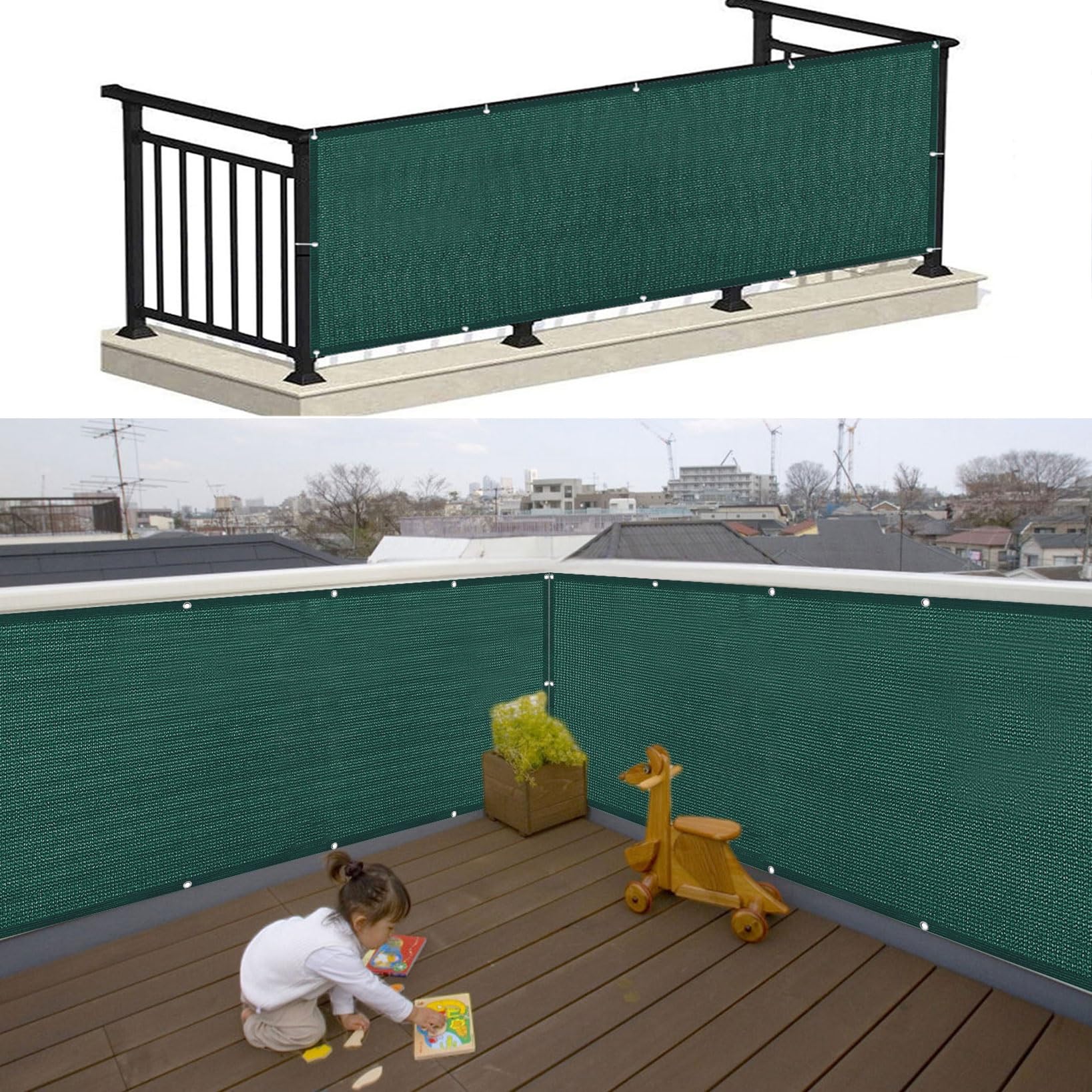 Osłona Ekranu Chroniąca Balkon 80 x 350 cm Słoneczny Wiatr Ogrodzenie Wiatrochronne Z Opaskami Kablowymi Do Ogrodu, Płotu, Tarasu, Ciemnozielony