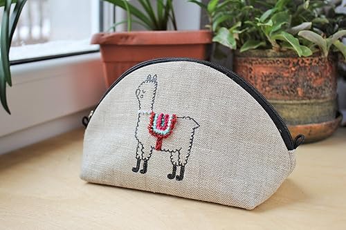 Miniatura 8 de Alpaca makeup bag Embroidered llama cosmetic purse Small beauty bag for women Linen zippered pouch