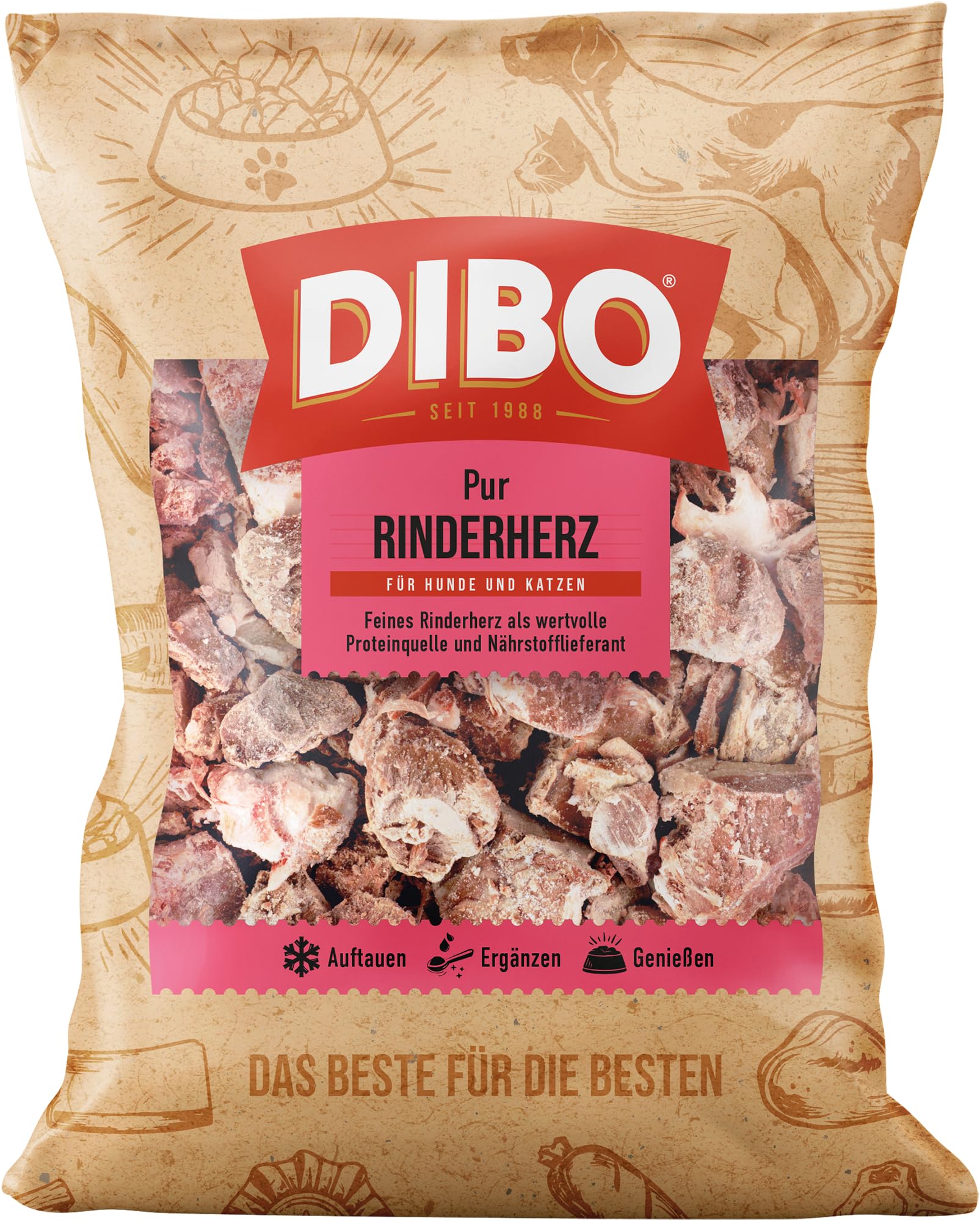 DIBO Rinderherz, 12 x 500g-Beutel, Tiefkühlfutter, gesunde, natürliche Ernährung für Hunde und Katzen, Barf Fleisch