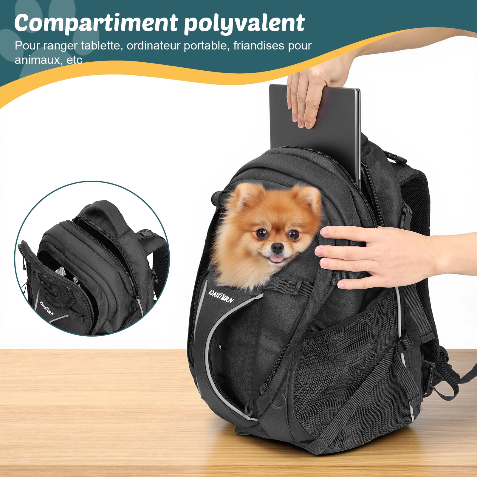 Sac à Dos Chien Chat jusqu'à 8kg, Transport Ergonomique Randonnée avec Compartiment PC, Nylon 600D Robuste, Aéré, Fond Stable & Coussin Lavable, Idéal pour Excursion Camping Voyage