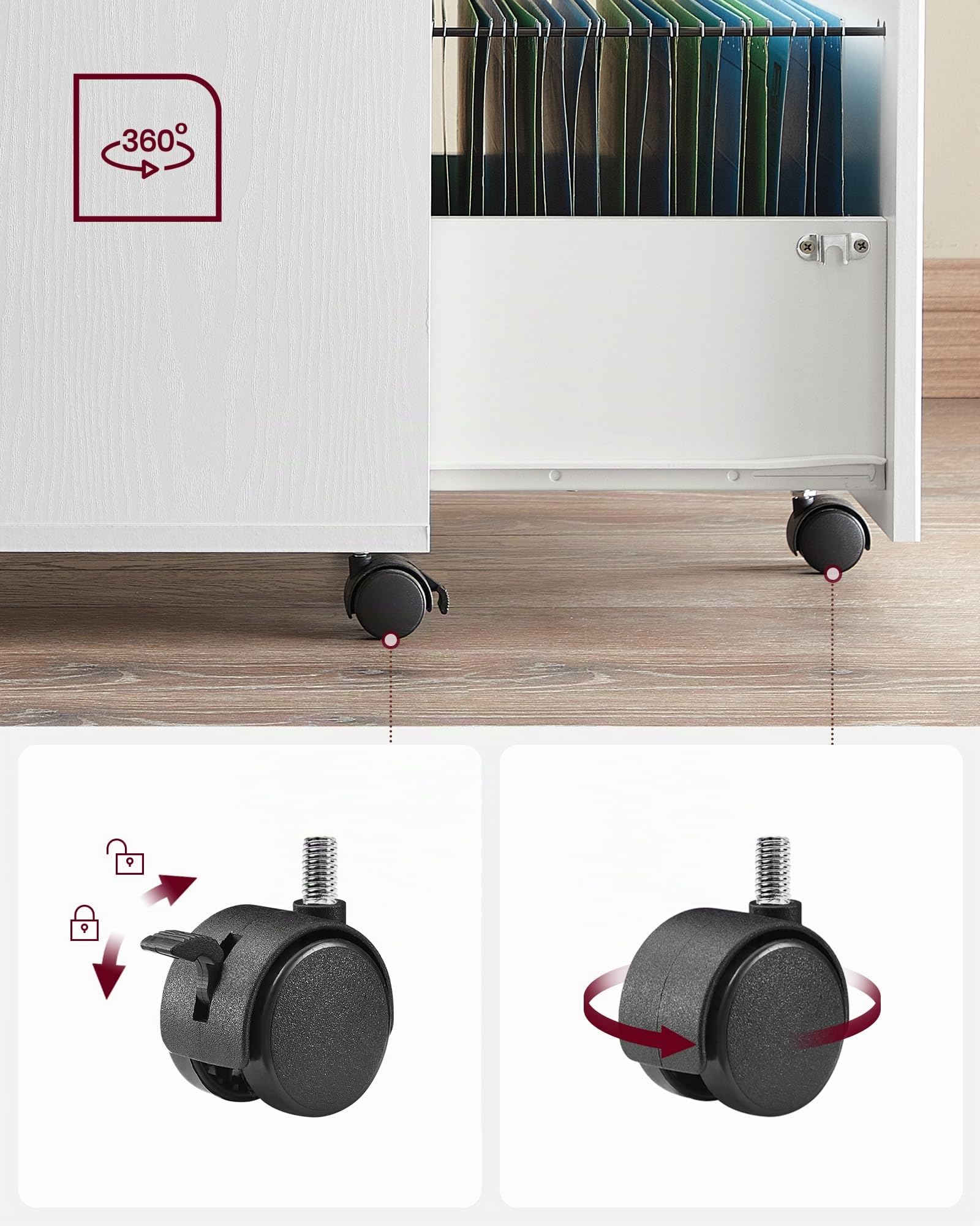 VASAGLE Custos Kollektion - Rollcontainer, Aktenschrank, 2 Schubladen, Druckerständer, Büroschrank, abschließbar, für Dokumente in DIN A4-, Letter-Format, Hängeregistratur, weiß LCD027WE02