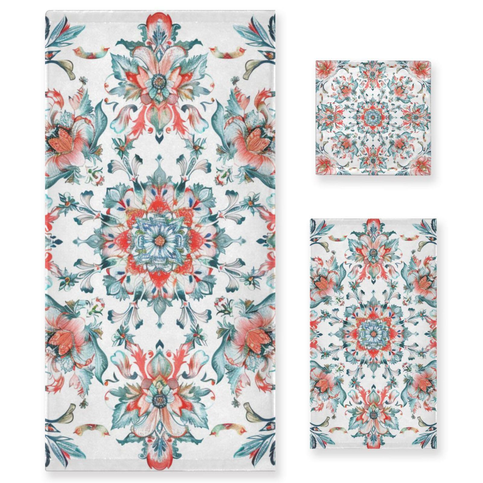 Styl boho kwiat kwiatowy prosty pomarańczowy czyszczenie ręczniki do twarzy zestaw 3 sztuk, 1 ręcznik kąpielowy 1 ręcznik do rąk 1 myjka do domu kuchni hotelu siłowni pływania spa