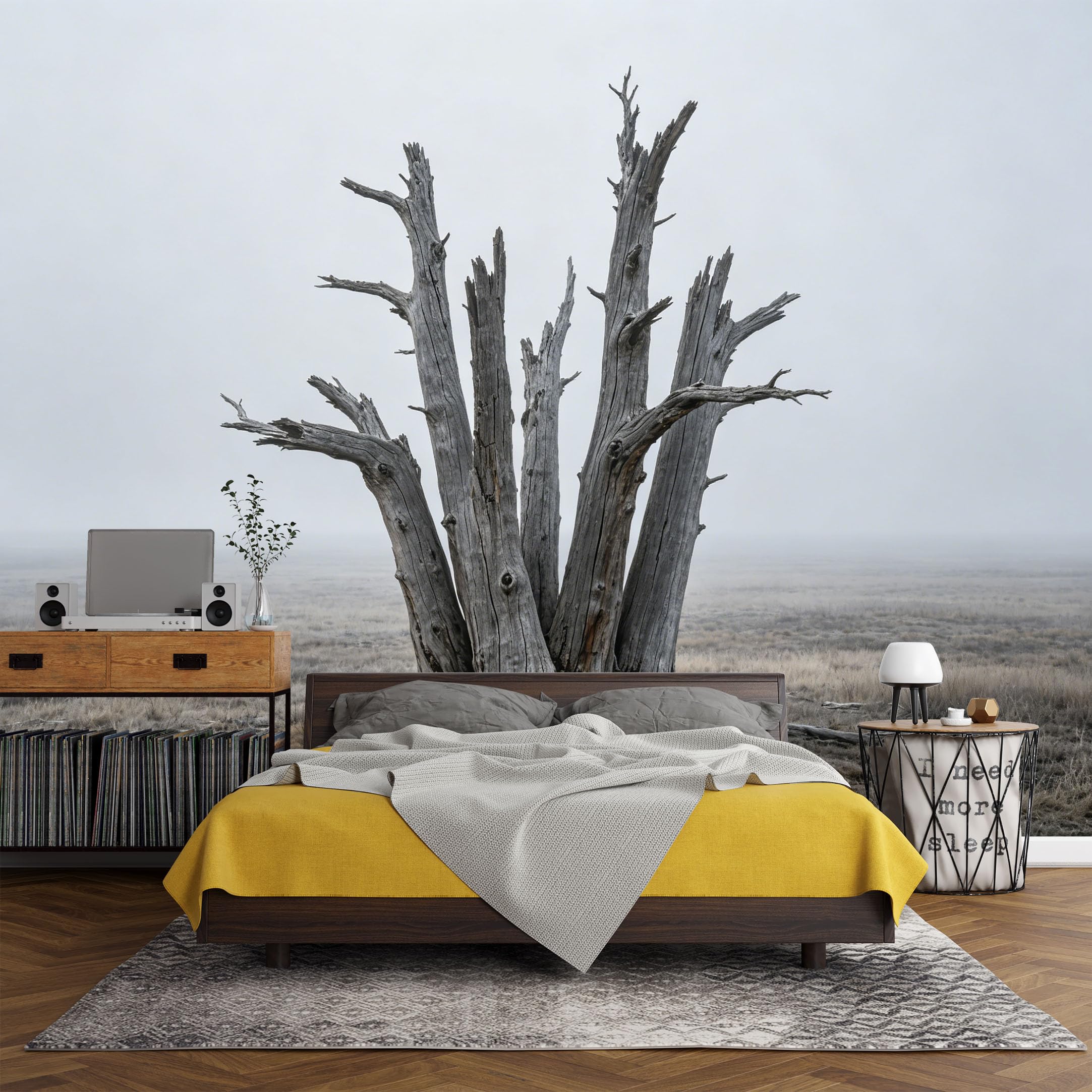 Custom Size Wall Mural， Minimalist Foggy Field Dead Tree Landscape Nature Scene，SelfAdhesive Art Prints wall Fabric (No PVC) Removable Wallpaper Living Room Decor