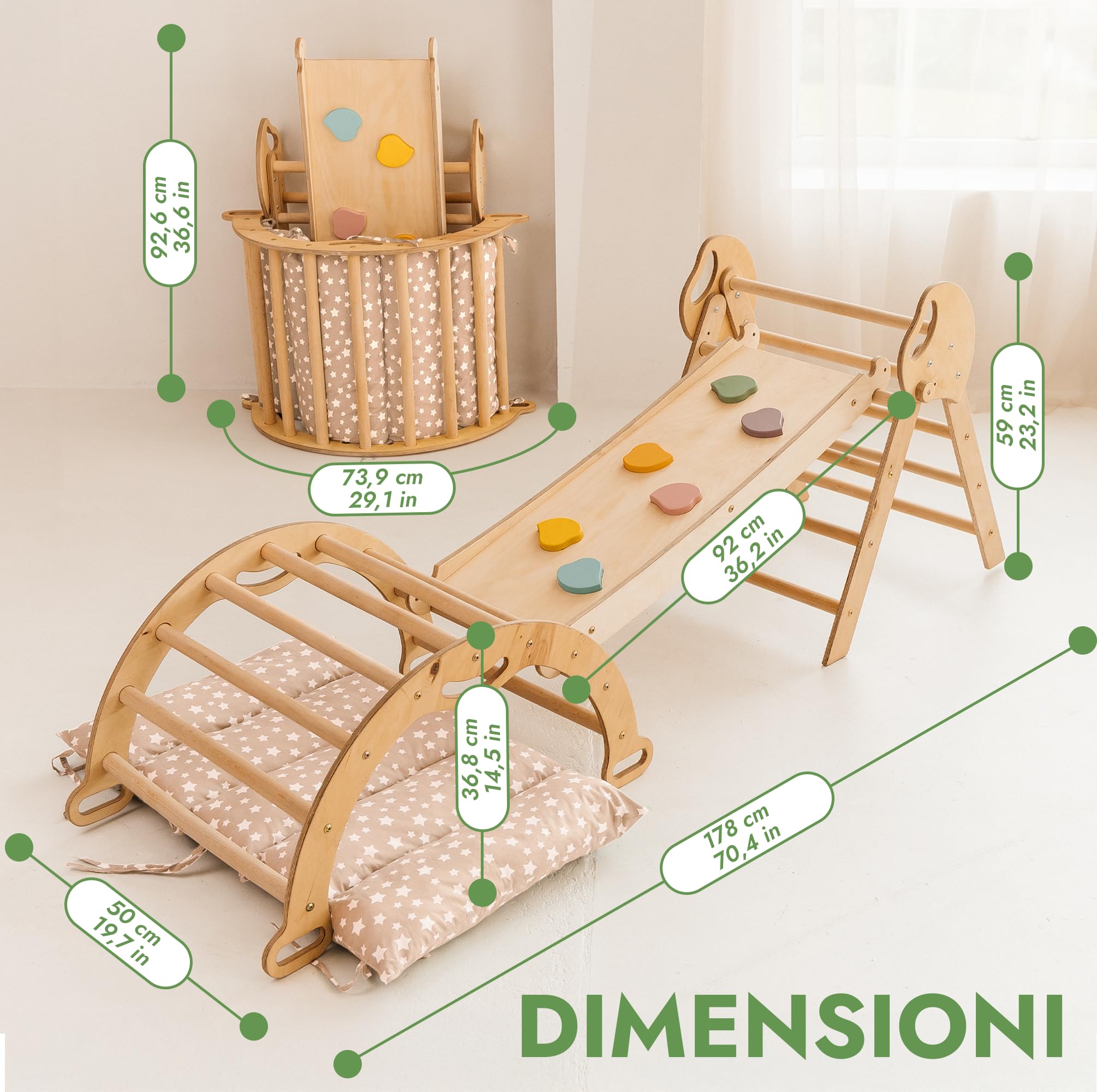 Goodevas 5-in-1 Telaio da Arrampicata per Bambini - Scala a Triangolo, Arco per Arrampicata, Balance Board e Cuscino, Telaio da Arrampicata Montessori, Palestra in Legno per Bambini da 1 a 3 Anni