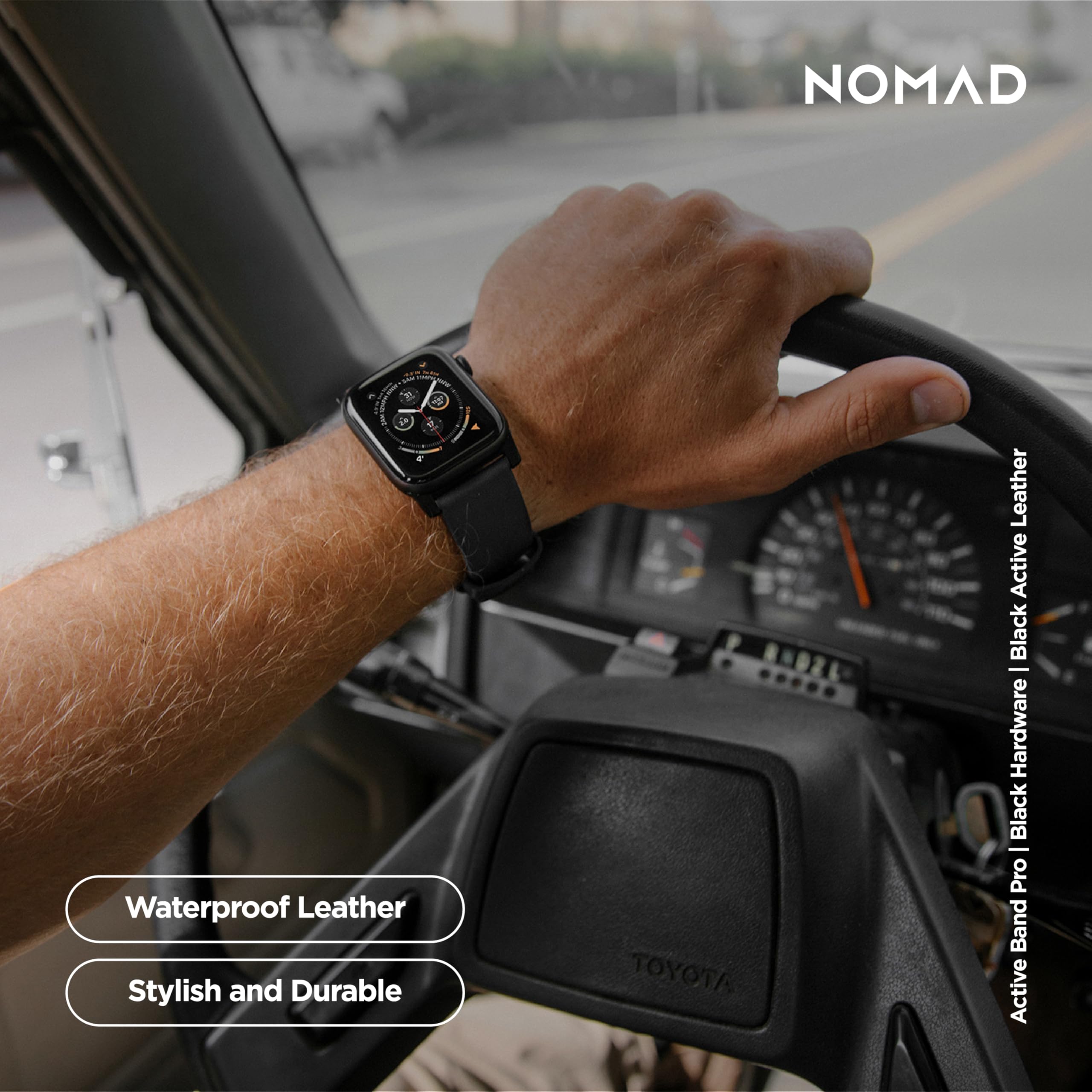 NOMAD Modern Strap Black Connector Black Active Leather Pro strapazierfähiges Uhrenarmband aus Leder und Kunststoff FKM für die Apple Watch 42/44/45/49mm in schwarz mit schwarzen Schnallen