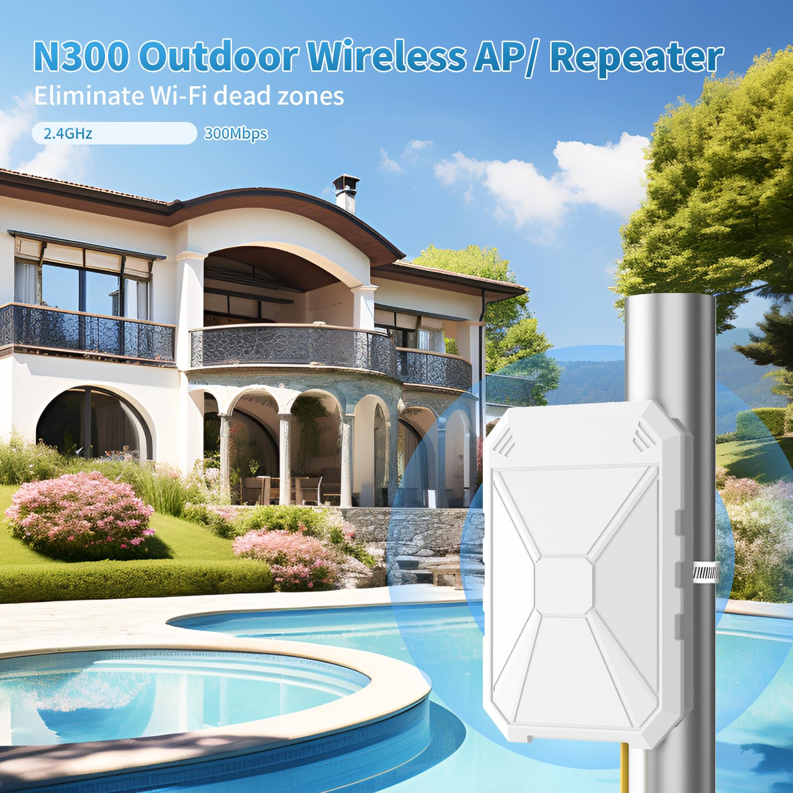 N300 Potente Ripetitore WiFi Esterno, wifi Extender Esterno, Amplificatore WiFi Con 4 antenne integrate, Resistente Alle Intemperie IP67, WPA/WPA2, Passivo PoE, Porta Ethernet, Per Giardino e Patio