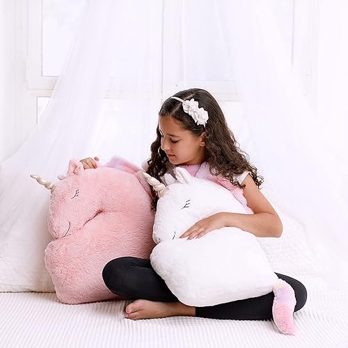 Miniatura 2 de Perfectto Design Juego de 2 almohadas decorativas de unicornio para la habitación de las niñas y los niños, felpa esponjosa blanca y rosa para bebé,