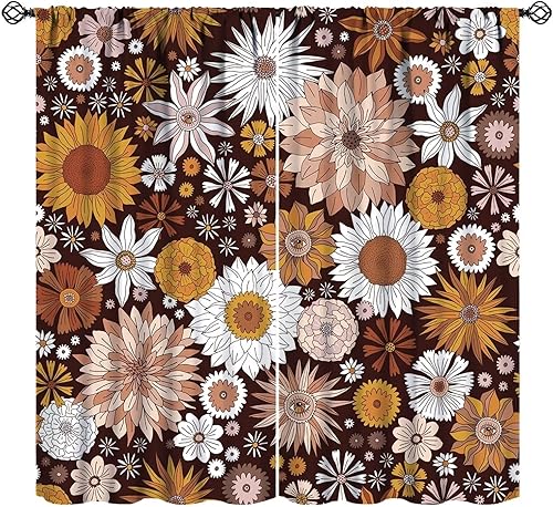 JESTRONRY Cortina de cocina con estampado floral retro de los años 70, estilo bohemio místico, flores otoñales, fondo de jardín, con bolsillo para