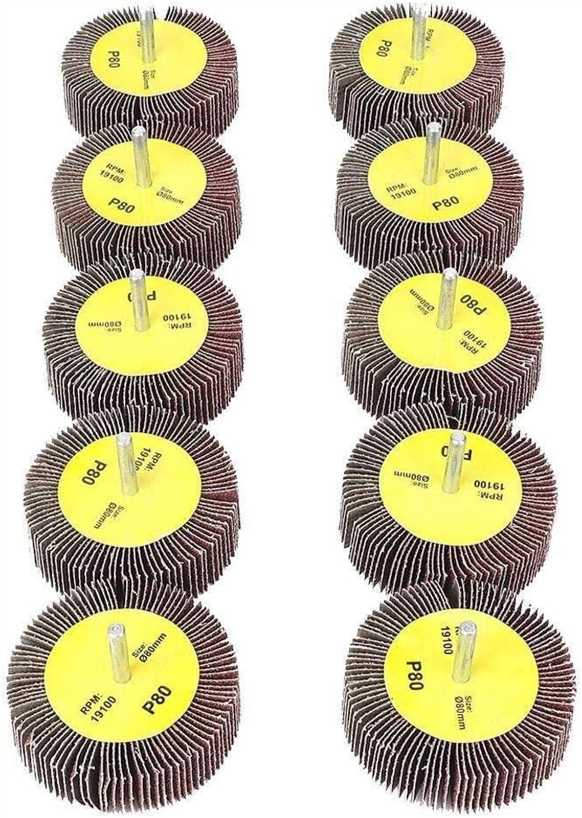 Ensemble de 10 disques abrasifs à lamelles, ponceuse à papier de verre 80 x 25 mm, outil rotatif de meulage abrasif, avec mandrin à tige de 6 mm, pour l'élimination de la rouille, le polissage des ba
