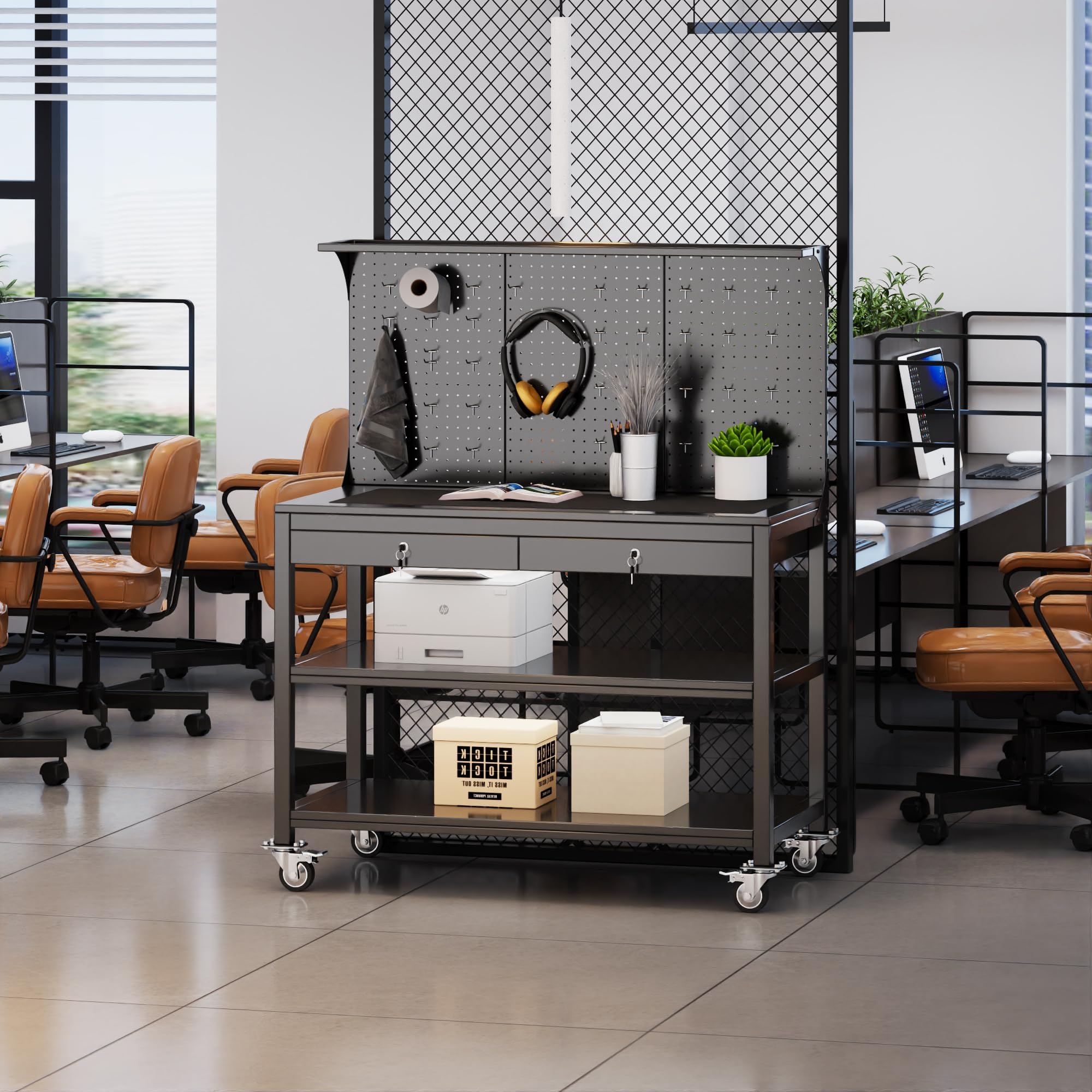 SUPEER Werkbank Metall Bewegbarer mit Hochfeste Räder und Pegboard,1500 x 1000 x 530 mm - 500 kg Tragkraft - 2 verriegelbare Werkzeugschubladen,Heavy Duty Stahl Arbeitsbank/Werktisch