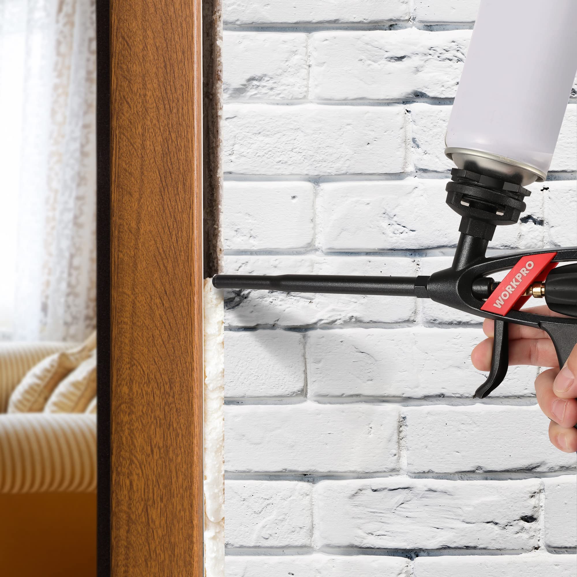 WORKPRO Pistola per Schiuma Poliuretanica, Pistola Schiuma Metallo con Ugello in Acciaio Inossidabile ed Impugnatura Ergonomica, per Sigillare, Riempire, Casa e Ufficio