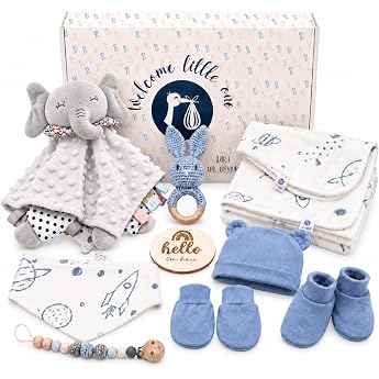 veviur Baby Gift Set, Newborn Gift, Baby Gift Girl and Boy - with Cuddly Toy, Rattle, Dummy Holder, Blanket and Bib (Blue) | 
