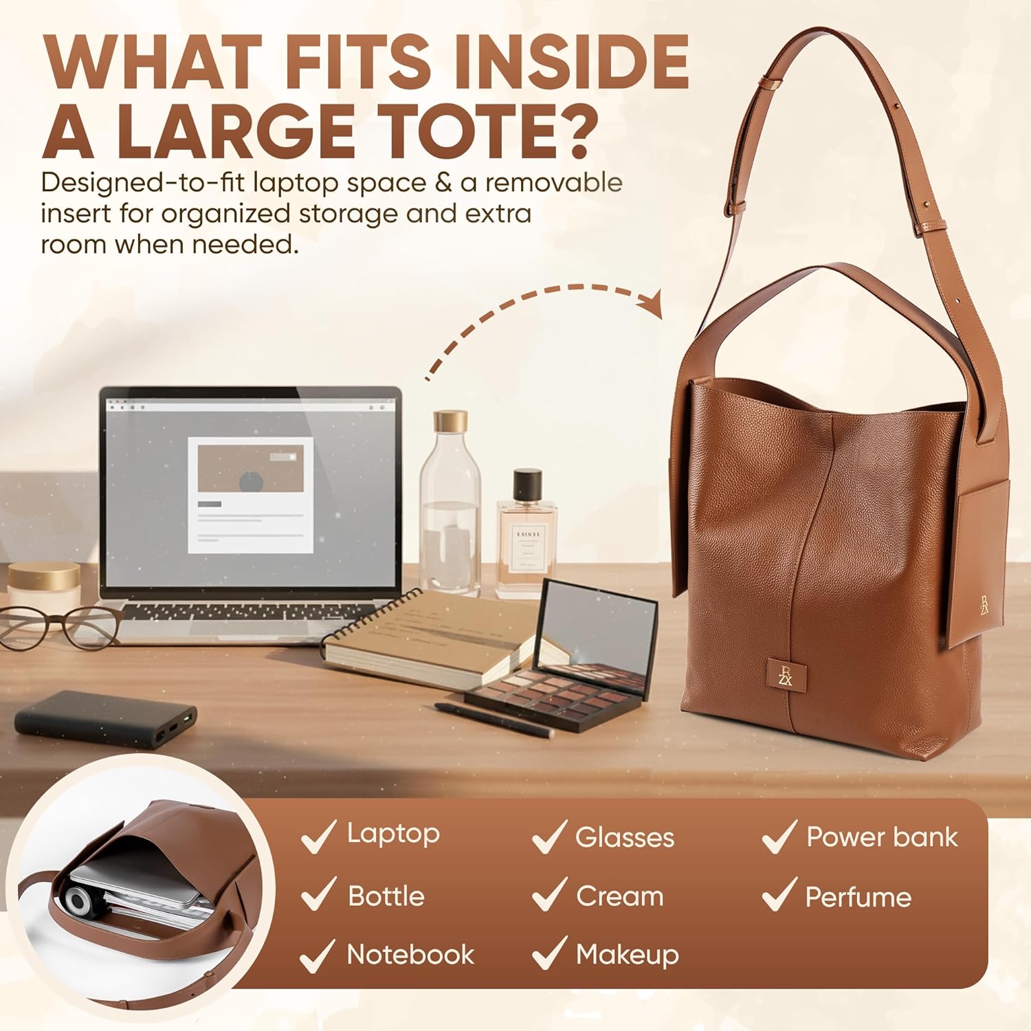 Large Genuine Leather Hobo Work Bag with Organizer Insert | High-quality leather, Removable Organizer, Work Ready Bag, Multifunational Bag, Spacious interior - Image 5