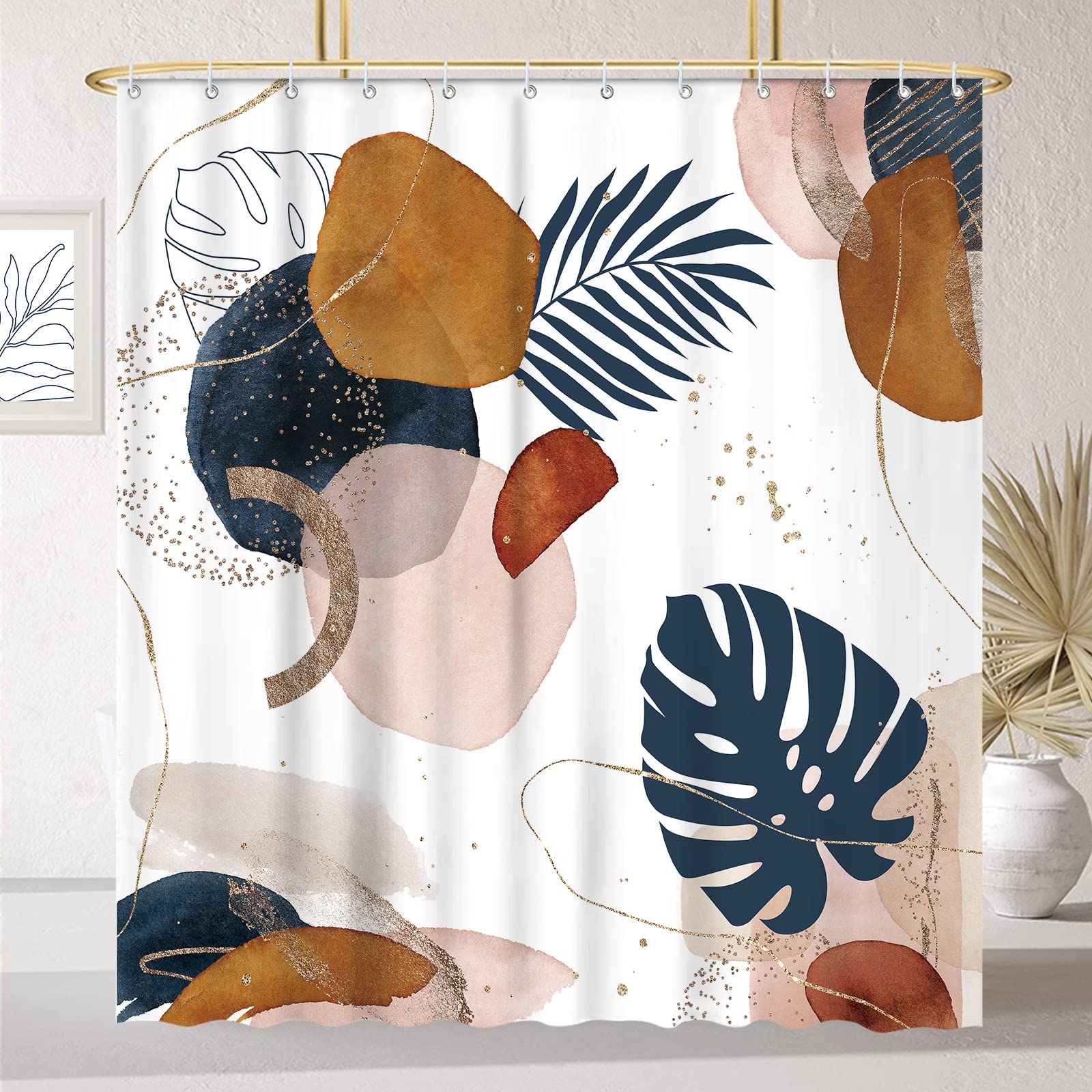 Abstract Shower Curtain, Boho Mid Century Navy Blue Gold Colorful Modern Geometric Leaves Plant Neutral Minimalist Bathroom Shower Curtains Fabric Waterproof with Hooks, 72" x 72"