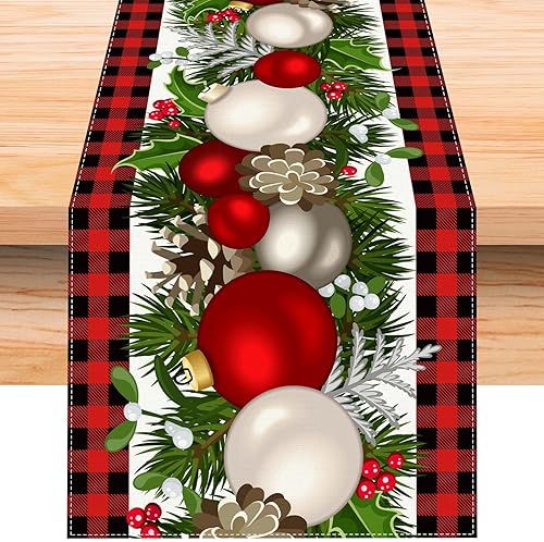 Camino de mesa de Navidad a cuadros de lino rojo y negro, 120 pulgadas de largo, estilo casa de campo, invierno, Navidad, vacaciones, hogar,