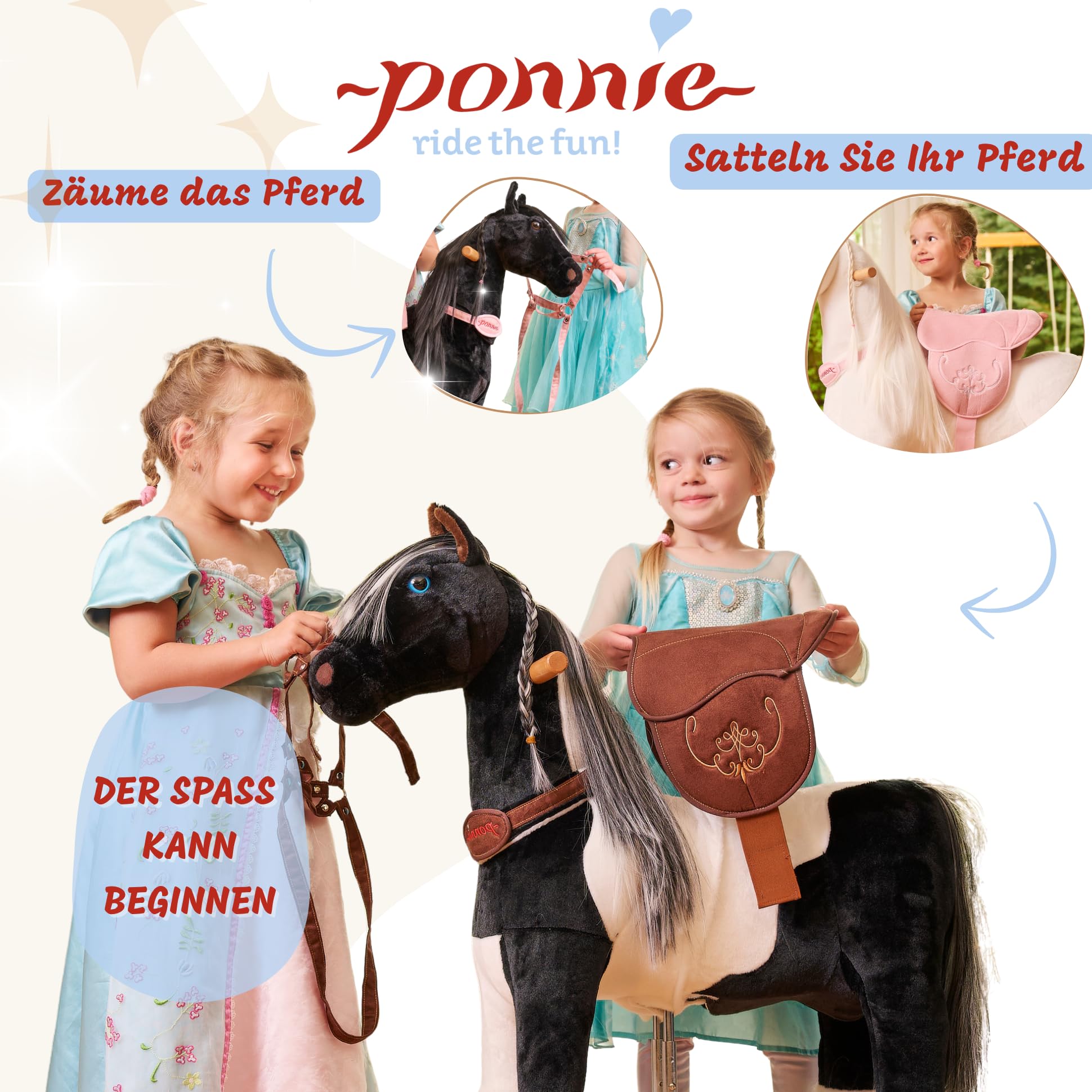 PONNIE Caballo de equitación con Ruedas Domino S (3 – 6 años), Caballo de Juego para Montar con sillín marrón extraíble y Cabestro con Brida, Melena y Cola peinables, Caballo de Peluche para Montar a