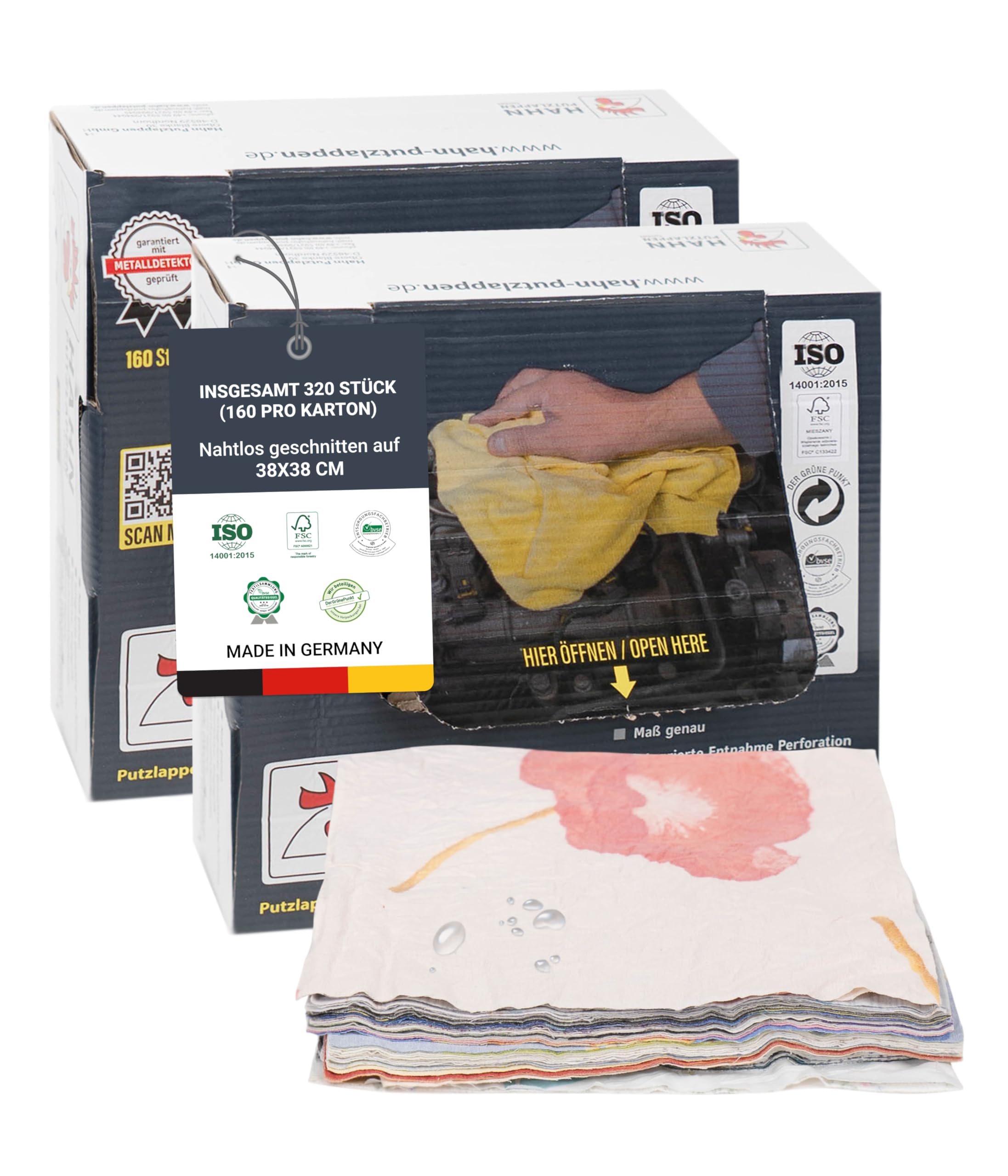 Hahn Putzlappen® Weiche Baumwolllappen Bunt [320 Stück] – Nahtlos zugeschnitten 38x38 cm – Saugstark & langlebig für Werkstatt, Haushalt & Autopflege – 100% Recycling, Trikot & Flanell, Made in DE