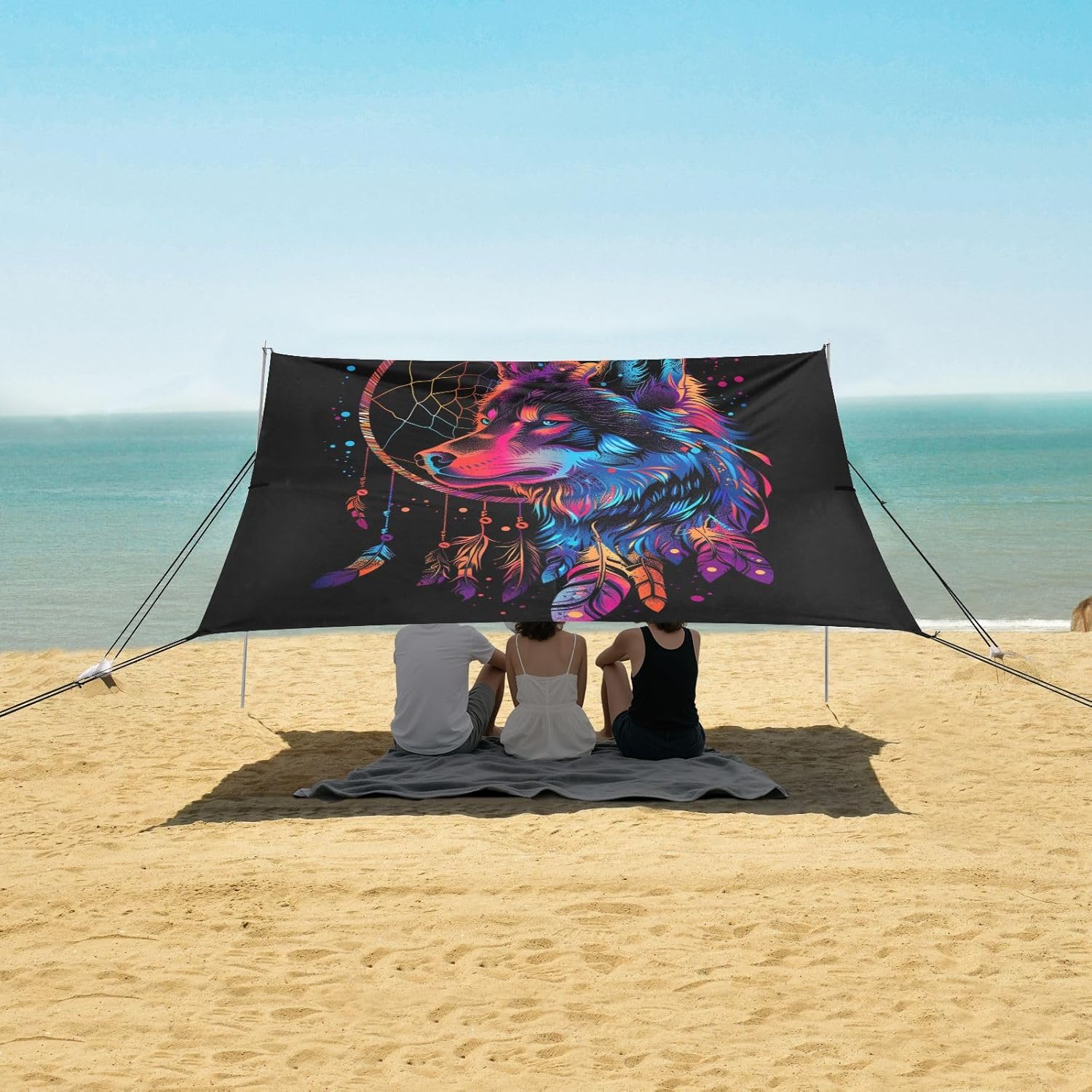 ALAZA Dreamcatcher Wolf Rainbow Color Beach Tent Sun Shelter UPF50+ Protection Beach Shade Canopy w/ 4 Sandbags for Outdoor Camping, Fishing, Backyard Fun, Picnic, 10x9 ft