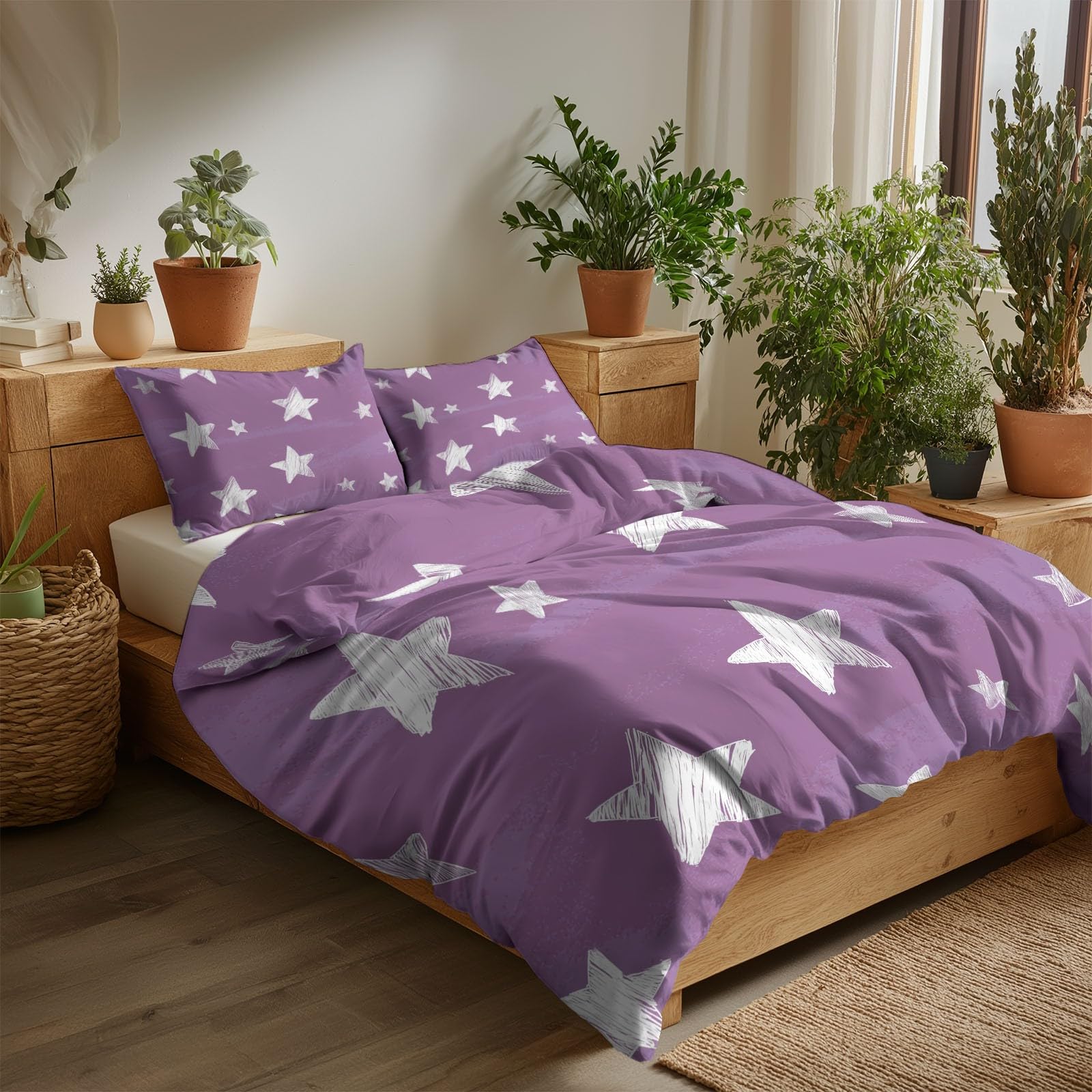 Funda Nórdica Cama 105 Estrellas Lilas, Juego De Funda Nórdica 180x220 cm, 3 Piezas Ropa de Cama con 2 Fundas de Almohada 50x75 cm, Microfibra Reversible Colcha