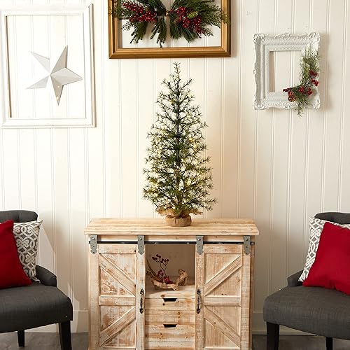 Miniatura 9 de Nearly Natural Árbol de Navidad artificial de 3 pies con 50 luces LED transparentes en una base de arpillera