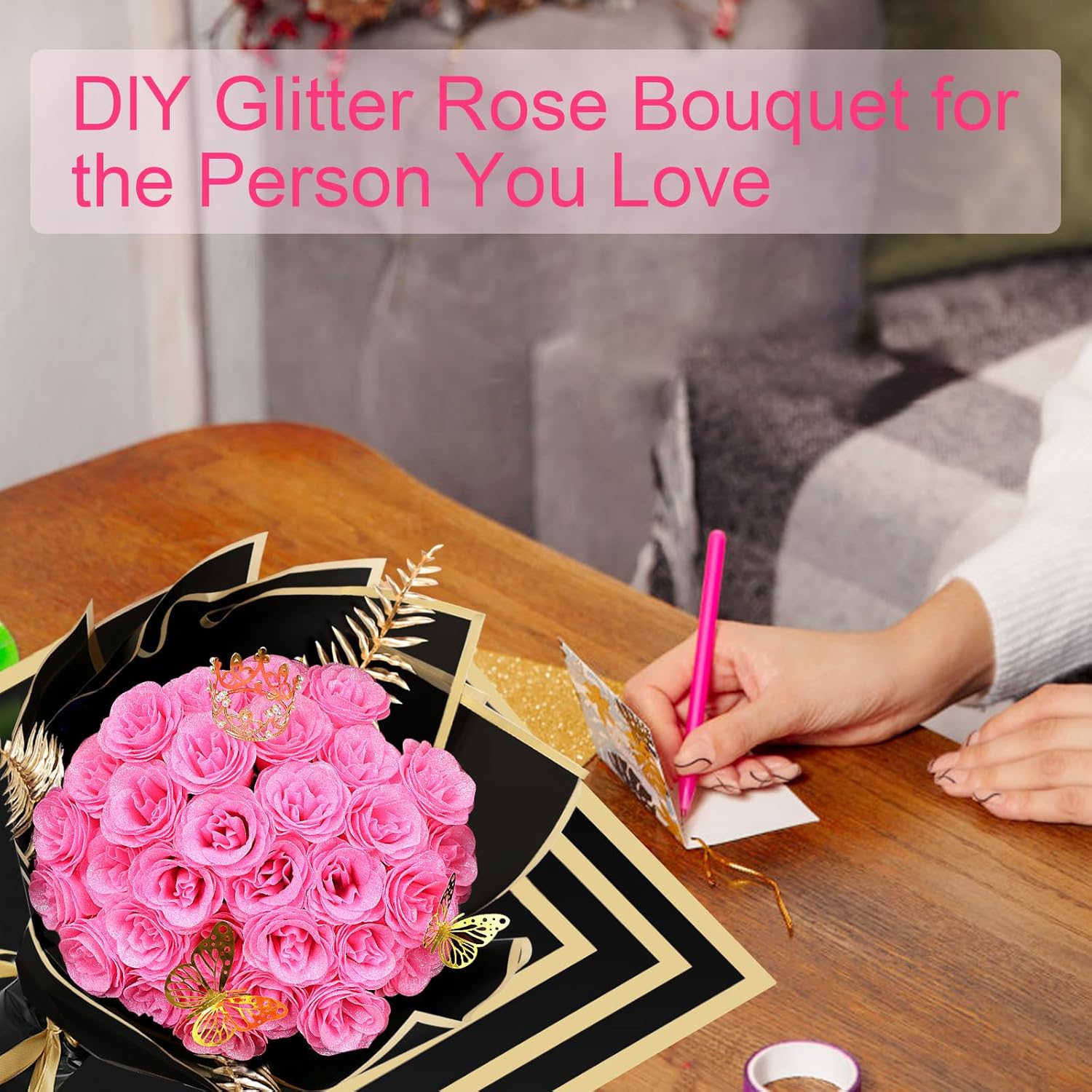 DIY Glitter Roses Bouquet 24Pcs - Hot Pink Artificial Glitter Rose with Stems Wrapping Paper 3D Butterflies Crowns for Graduations Anniversary Birthday Mother's Day, for Her - Image 6