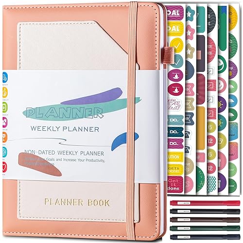 Cyiecw A5 agenda semainier agenda journalier non daté,PU cuir couverture rigide carnet de notes,240 pages/120 feuilles kokonote agenda scolaire 2023 2024,avec liste de choses (rose)