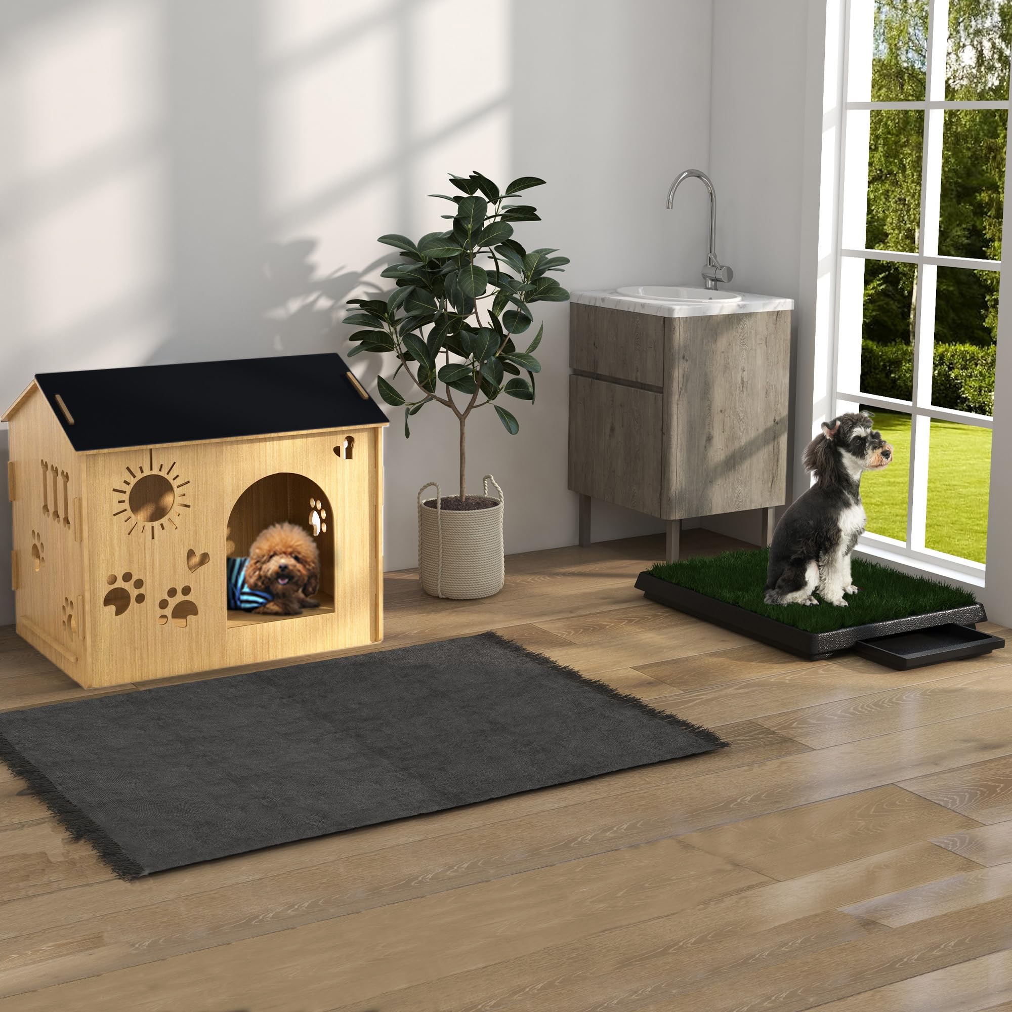 PawHut Caseta de Madera para Perros Pequeños Casa para Mascotas Interior con Puerta Delantera de Forma de Sol Corazón Pata 69x50x58,5 cm Roble