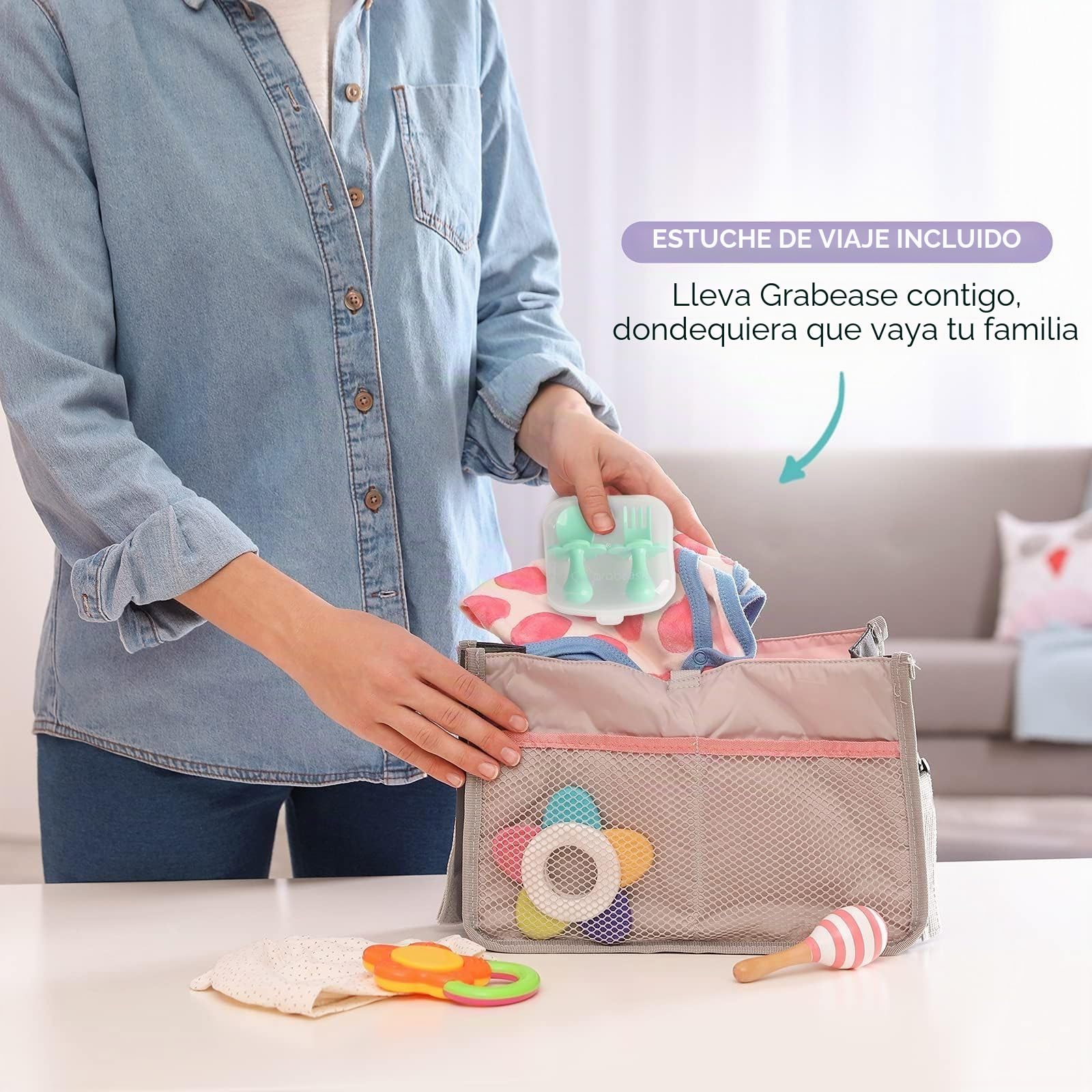 grabease Utensilios de autoalimentación, Juego de cuchara y tenedor para el destete, Con barreras protectoras para evitar el ahogo y las arcadas para Unisex Bebé Menta 2 Unidad (Paquete de 1)