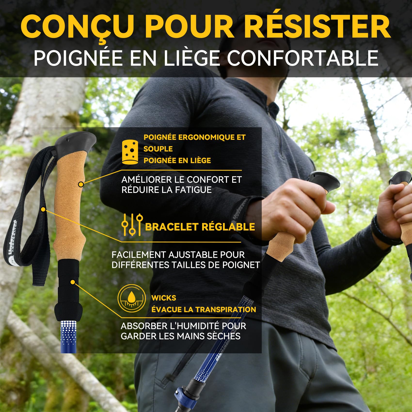 Bâtons Télescopiques en Carbone 2 Stück, Légers 217g avec Poignées Liège | Nordique, Antichoc, Sangles Réglables, 4 Accessoires, pour Femme Homme Randonnée Trail Running Voyage Outdoor Pliable