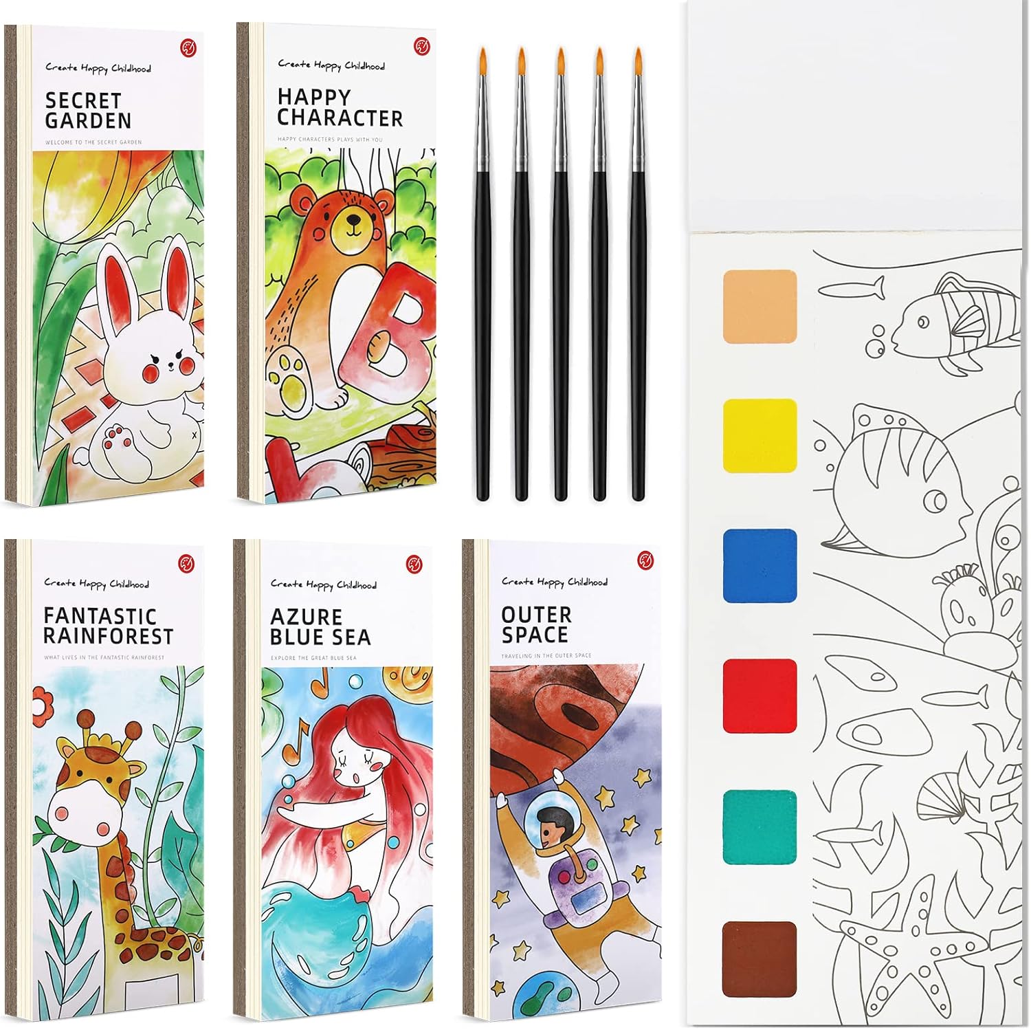 5 Pcs Travel Pocket Watercolor Painting Book, Magic Water Coloring Books with Paints