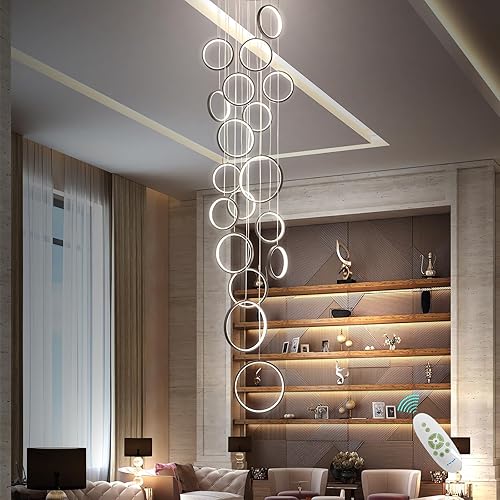 Candelabro grande para techos altos y escaleras largas, lámpara de vestíbulo de 18 anillos con control remoto regulable y altura ajustable