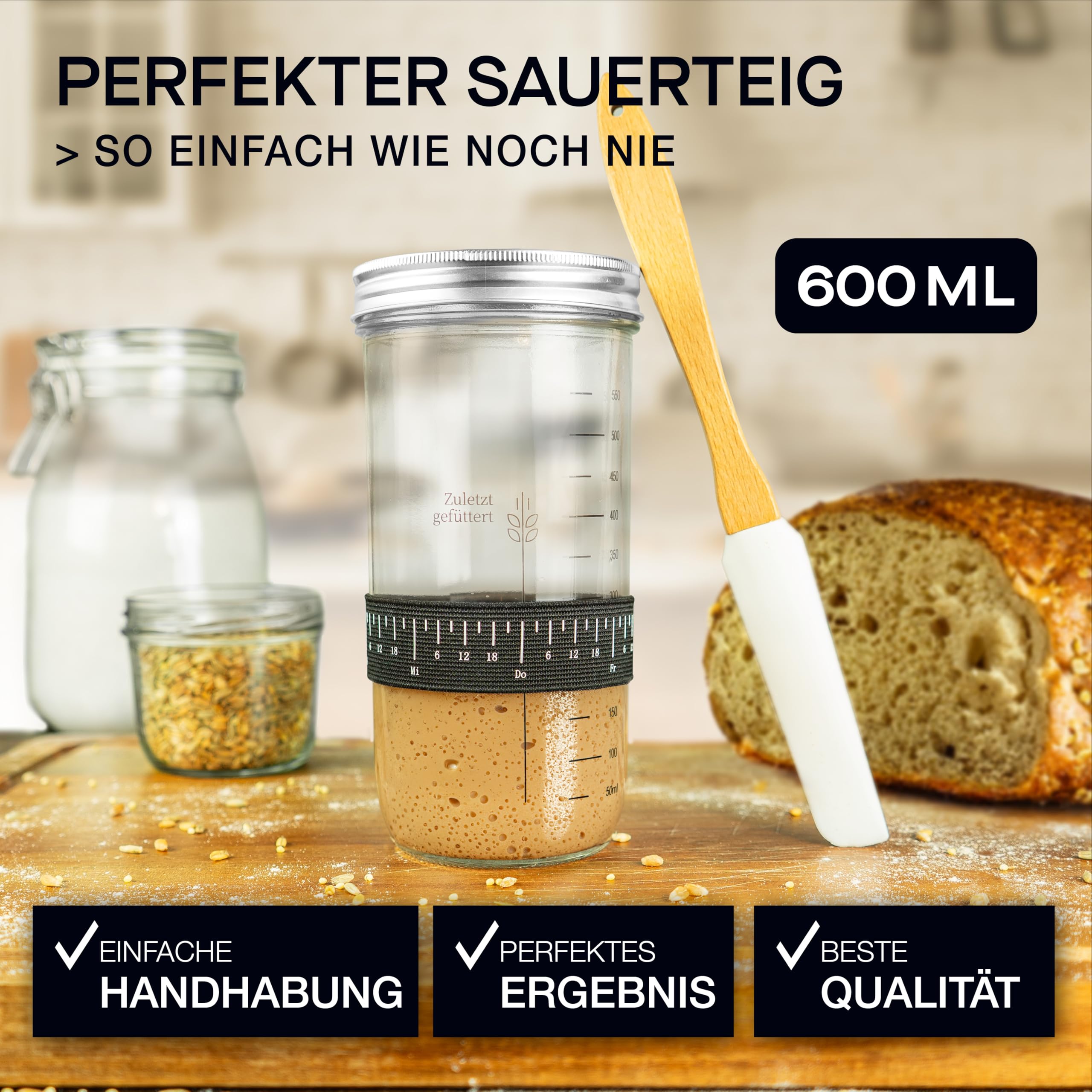 besøk Sauerteig Starter Set - 600ml Gärglas mit Spatel u. Thermometer - Brot Backen Zubehör, Sauerteig Glas, Fermentieren, Sourdough Starter Kit, Anstellgut Glas Behälter, Fermentierglas