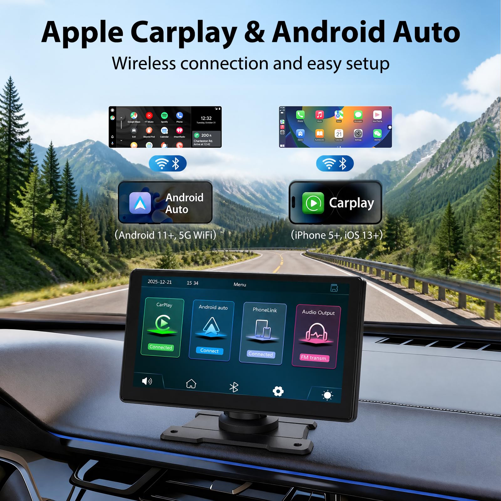 Schermo 9 Pollici Wireless CarPlay Portatile con Bluetooth FM AUX, Touchscreen per Apple Android Auto, Controllo Vocale Navigazione GPS Mirror Link per Tutti i Veicoli