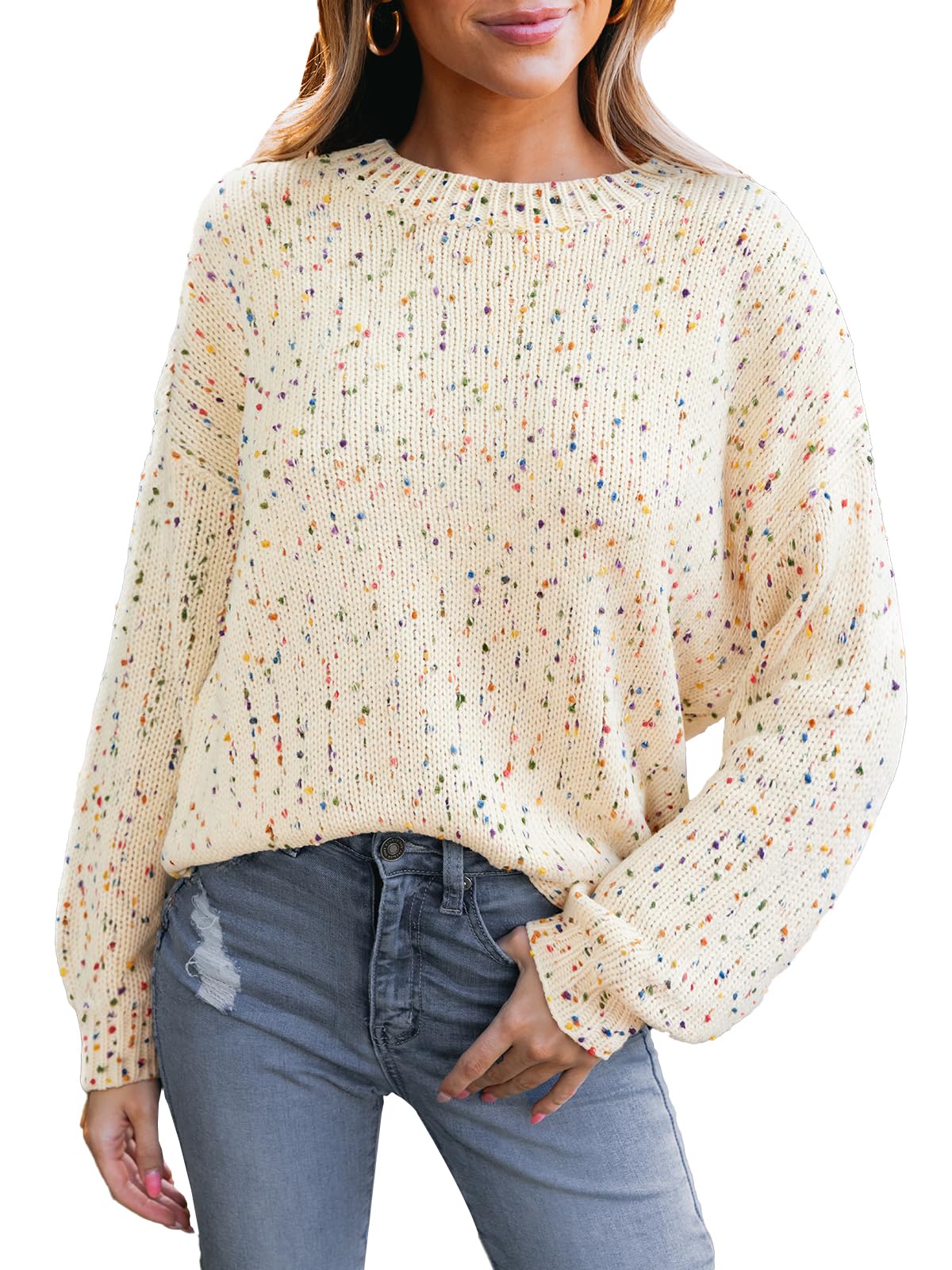 CUPSHE Womens Sweaters Rainbow Pom Casual Long Sleeve Ribbed Knit Pullover Sweater Tops