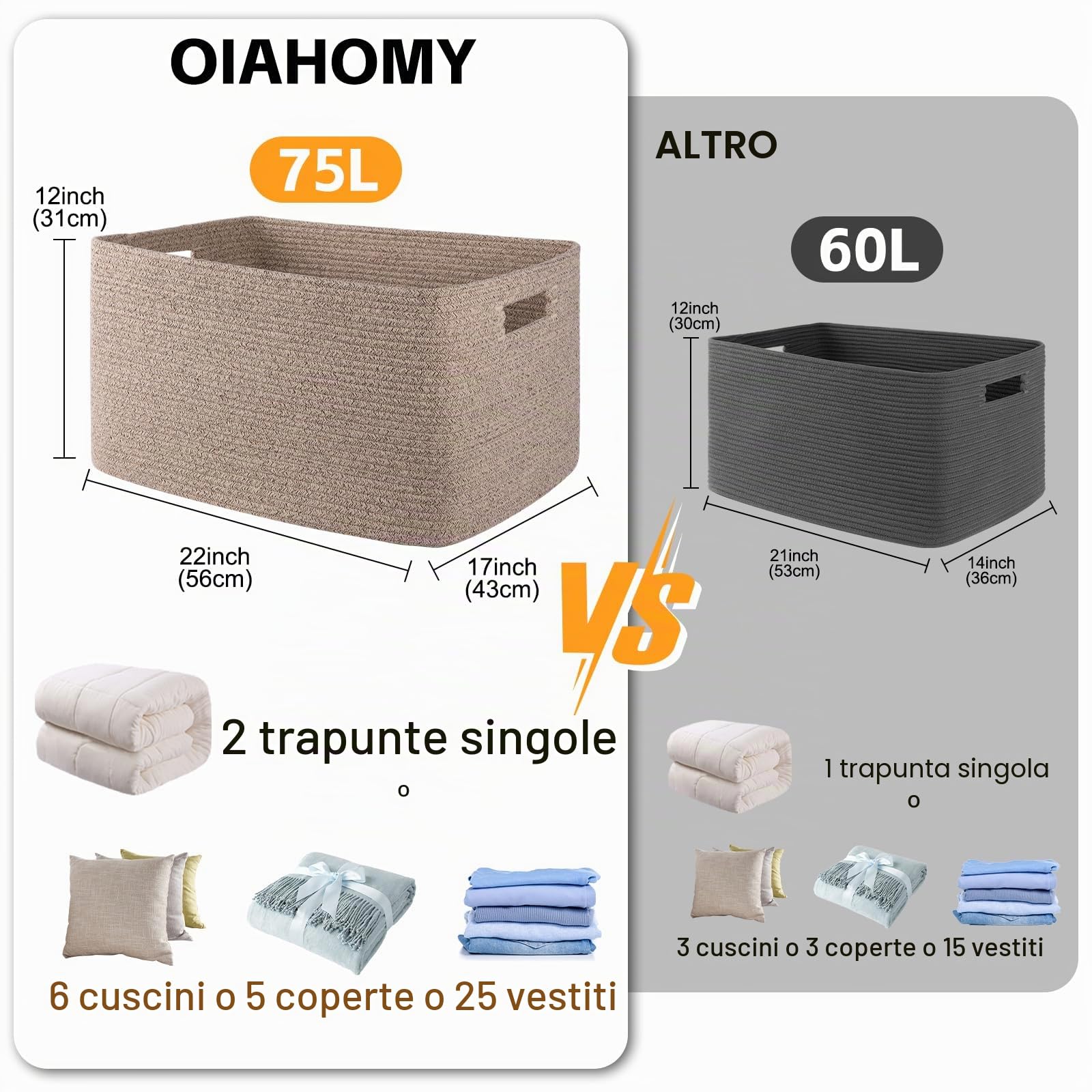 OIAHOMY, Grande cesto portaoggetti per coperte, 75 l, con manico, in corda di cotone per organizzare 55,9 x 43,2 x 30,5 cm, cestino per coperte, soggiorno, cestino per giocattoli per asilo, marrone