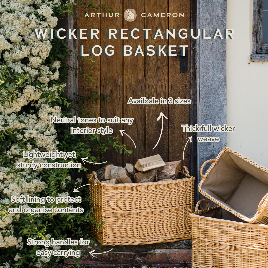 Panier de luxe rectangulaire en osier avec doublure et poignées (moyen, naturel)
