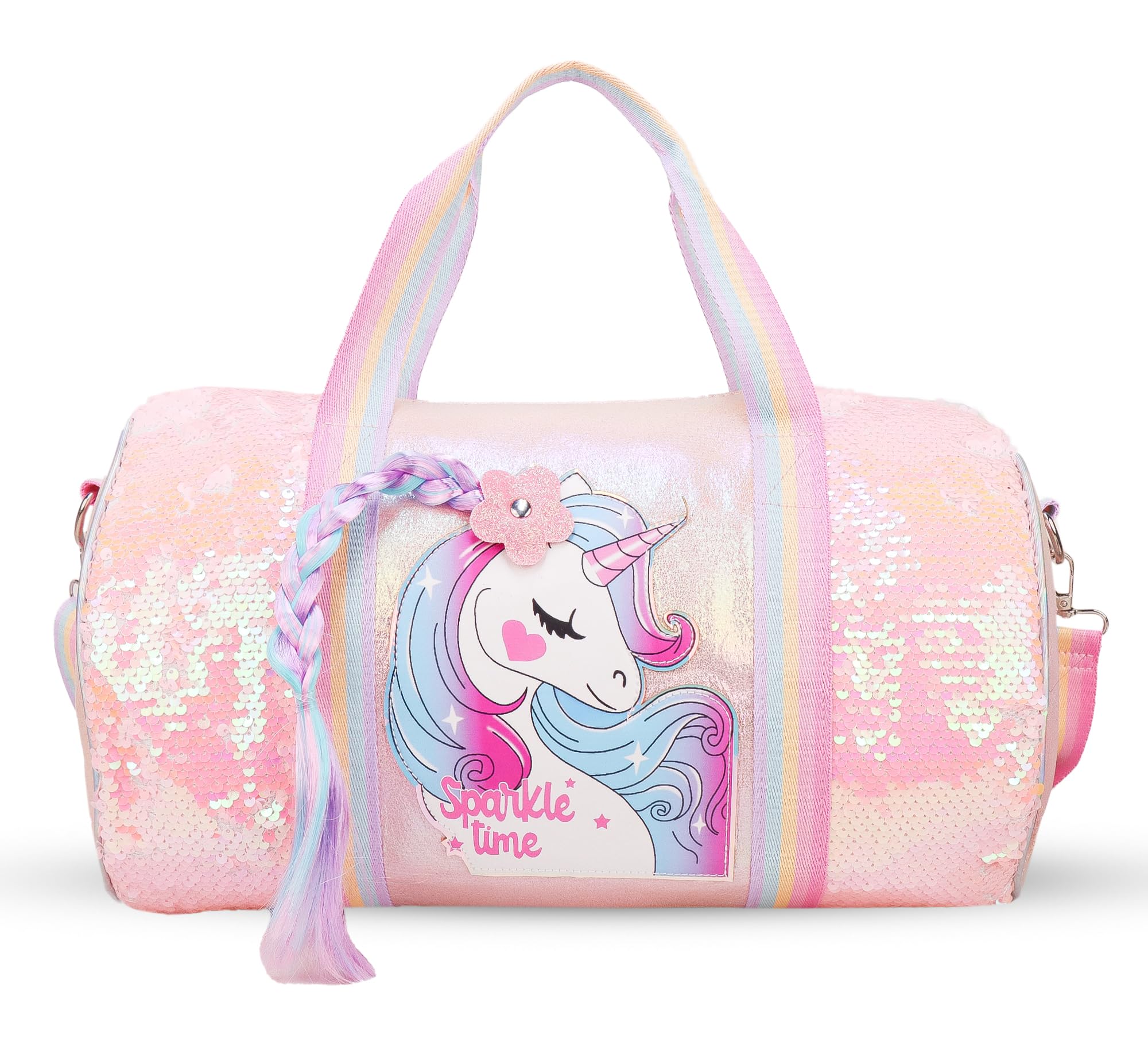 adson 3D Hair Ponytail Unicorn|Mermaid Shiny Holographic Sequins Gym Bag Sports Travel Bag Weekender Overnight Bag Picnic Duffle BGS for Gift Shoulder Travelling Duffles for Girls (Pink Unicorn)-picture-15