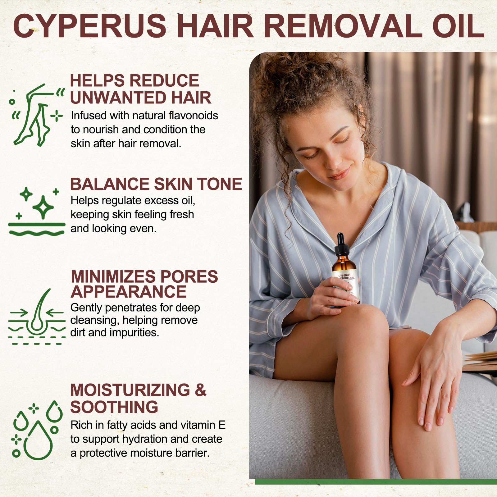 Olio di Cyperus Rotundus, Olio per rimozione dei peli Cyperus Rotundus 120ML – Ripara con peptidi, riduce la crescita dei peli e perfeziona i pori | Bloccante naturale del DHT per una pelle