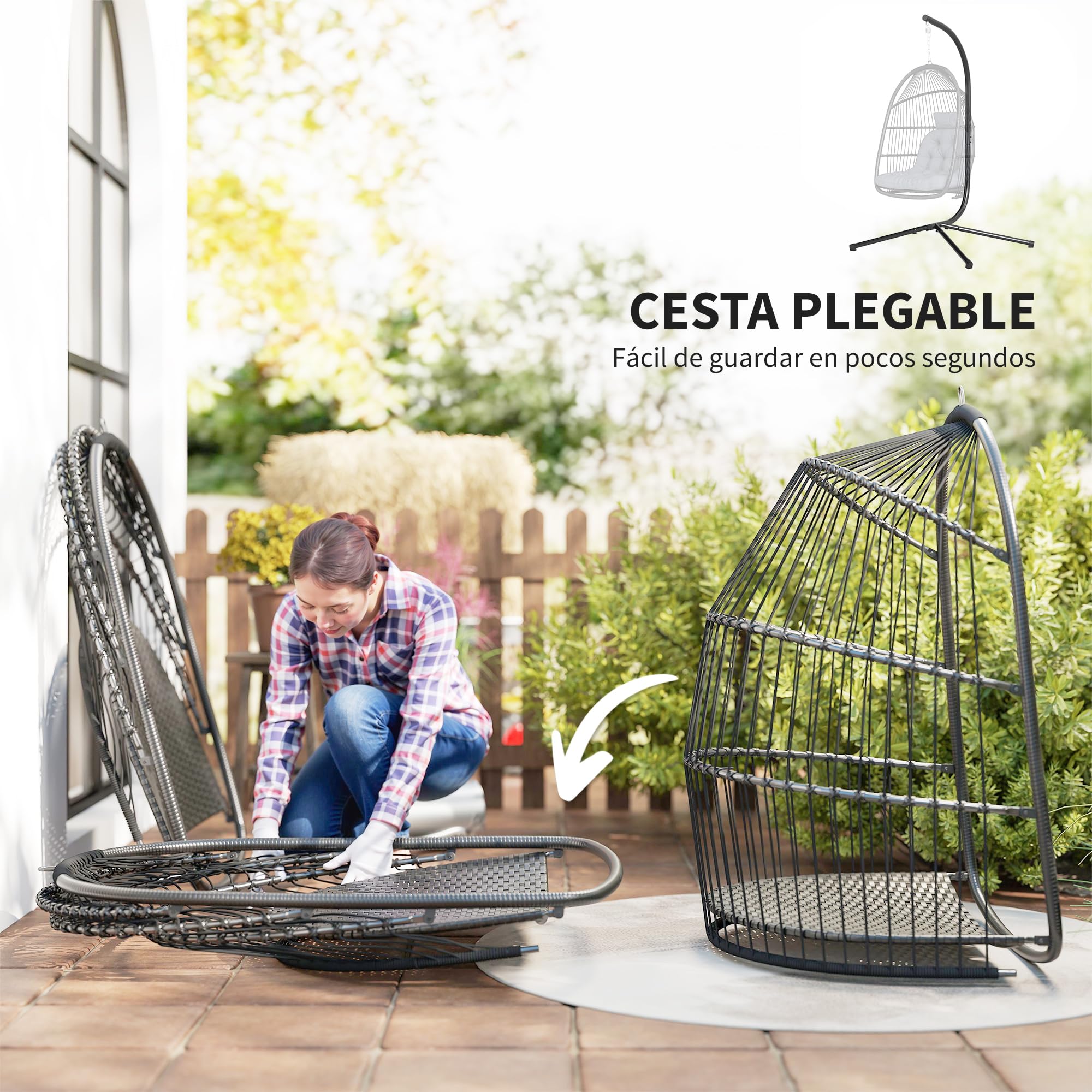 Outsunny Silla Colgante Huevo con Soporte Exterior 150 kg Gris Oscuro | Columpio Jardín, Cesta Plegable, Cojín Anti-UV, Reposacabezas Desmontable, Uso Interior