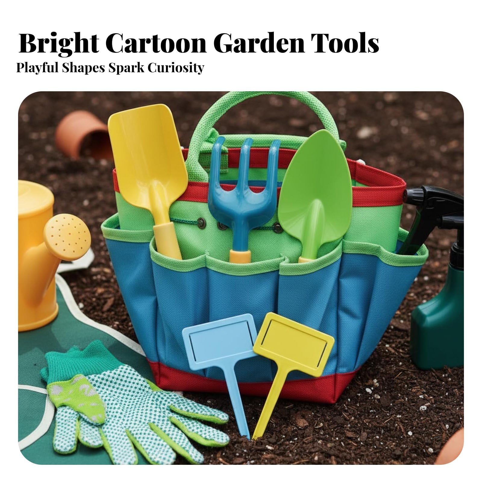 Kinder Gartenschaufel Set Gartenwerkzeug Set Schaufel Rechen Gießkanne Handschuhe Tasche Langlebig mit Metallkopf Und Holzgriff für Gartenlernspiele Strand Sandbox, Raupe 10-Teilig