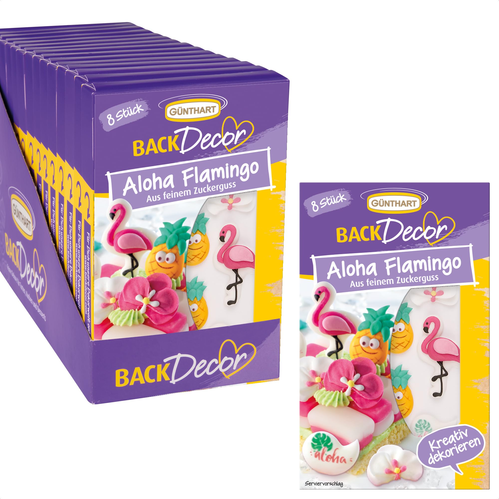Günthart BackDecor | VKE mit 15 Packungen | Zucker Flamingo Set | Ananas aus Zucker | Flamingo Zuckerfiguren | Aloha Zuckerfiguren | Aloha Party | Flamingo Party