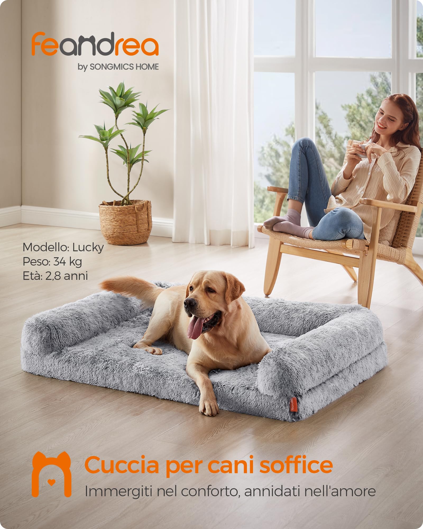 Feandrea FluffyHug Cuccia per Cani, Taglia XXL, Divano Letto per Cani di Taglia Grande, di Gommapiuma Ondulata, Copertura Lavabile Sfoderabile, 122 x 85 x 24 cm, Grigio Ombré PGW234G01