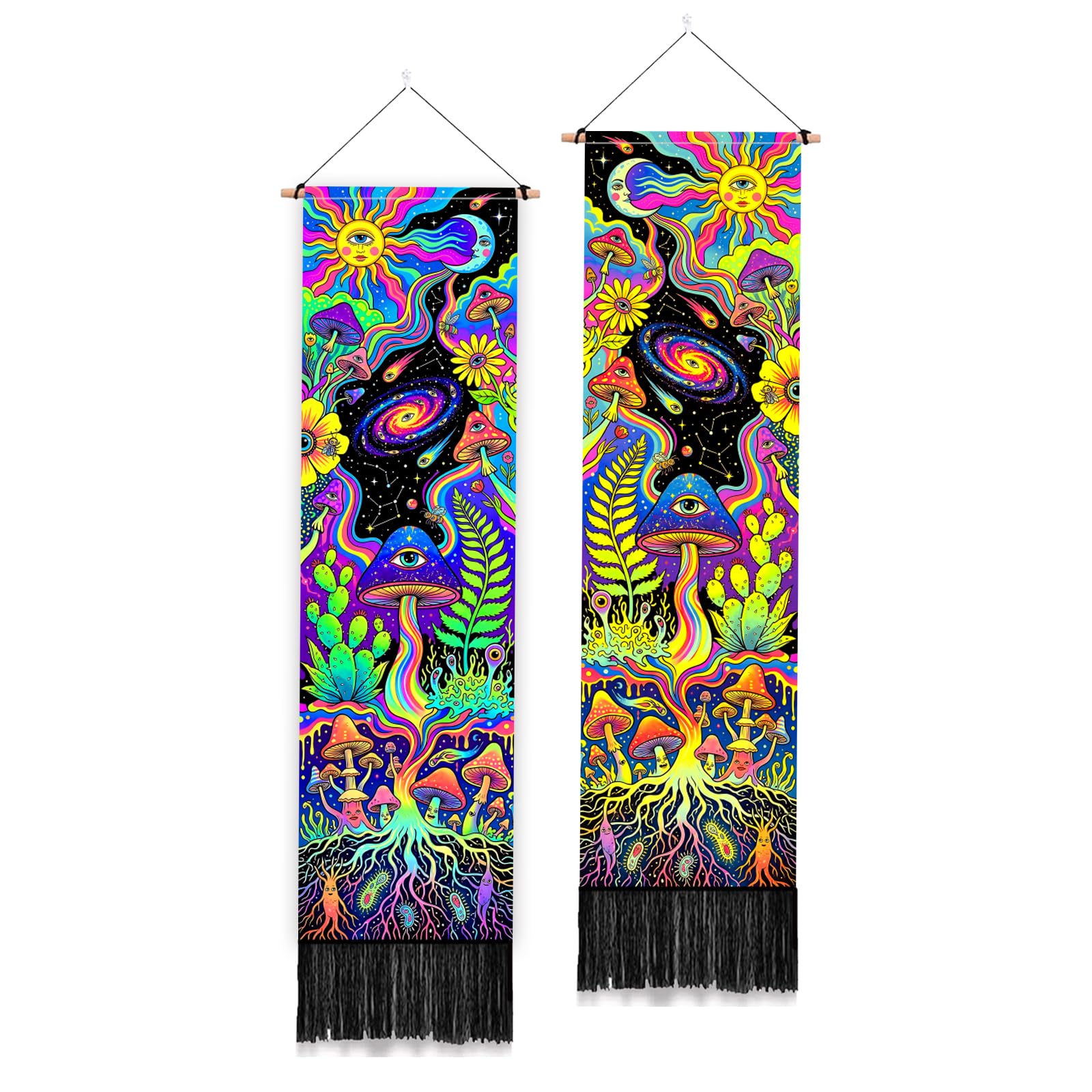 PLIGREAT 2 Pack Fantasy Mushrooms Vertical Tapestry, Abstract Wall Hanging for Bedroom Bathroom Living Room Sun Moon Long Narrow Wall Tapestry Dorm Room Home Art Decor, 130x33cm