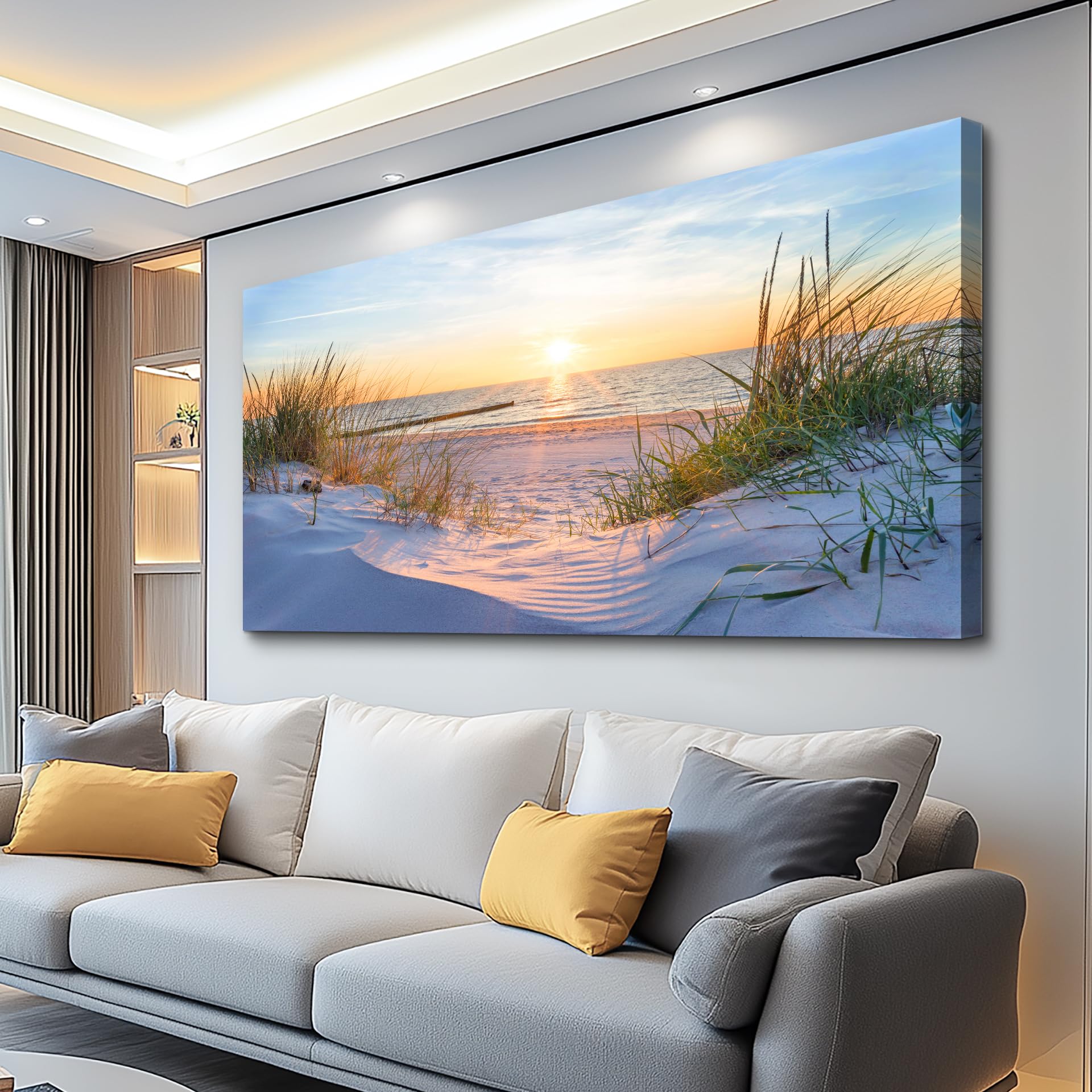 Wall Art For Living Room Large Size Wall Decorations Pictures Blue Sun Beach Grass Ocean Landscape Painting Office Wall Decor Canvas Prints Ready To Hang For Home Decoration Works Of Art 24" X 48"