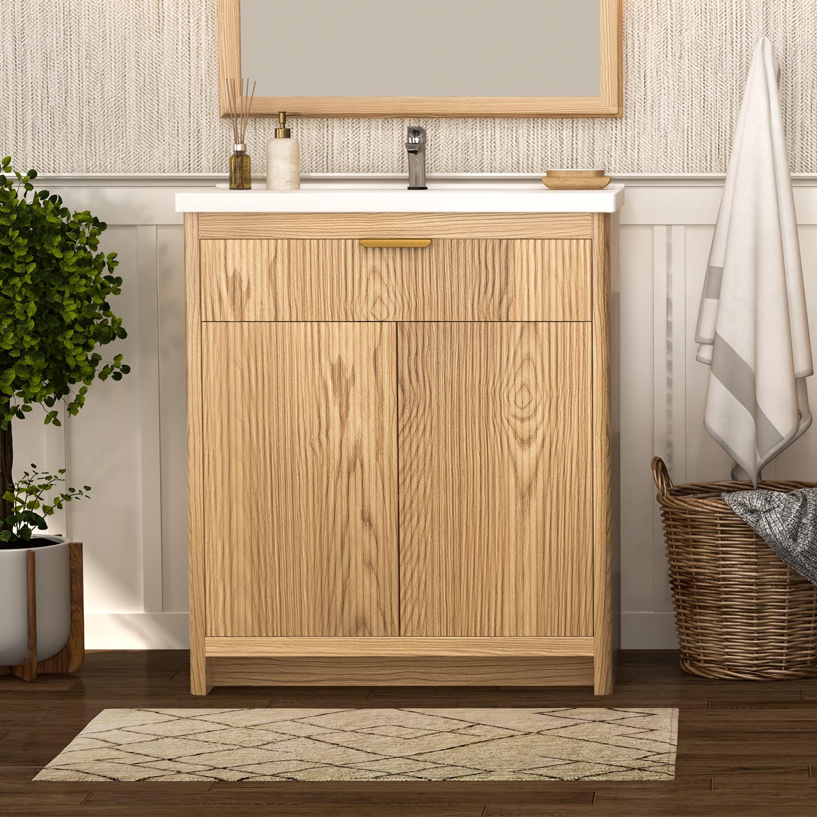 Szafka pod umywalkę 80 cm z umywalką ceramiczną, umywalka z szafką dolną i zestawem mebli łazienkowych, drzwi Soft-Close, odporna na wilgoć MDF, łatwy montaż, wygląd drewna