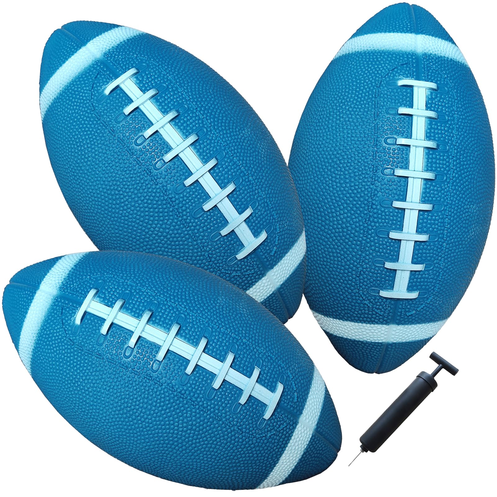 AppleRound 3-Pack 8-Inch Waterproof Footballs for Pool, Beach, & Backyard - Ideal for Water & Land Play - Inflatable Toy Balls with Air Pump - Outdoor Fun, Pee-Wee Junior Size for Kids & Teens (Blue)