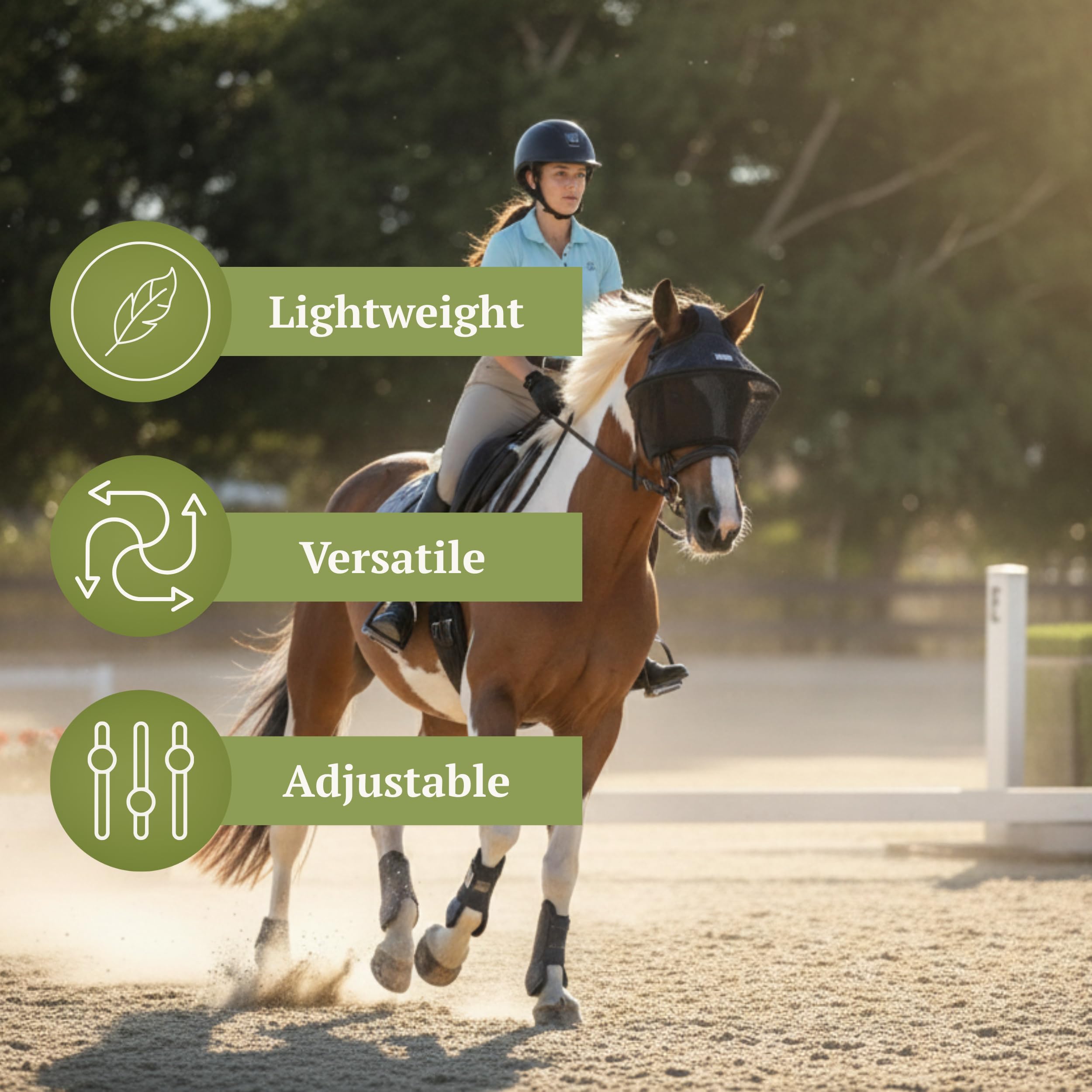 Visera de equitación y recuperación: ajuste ajustable, visera UV integrada reforzada, 100% protección UV para los ojos, transpirable, correas para cabestro o brida